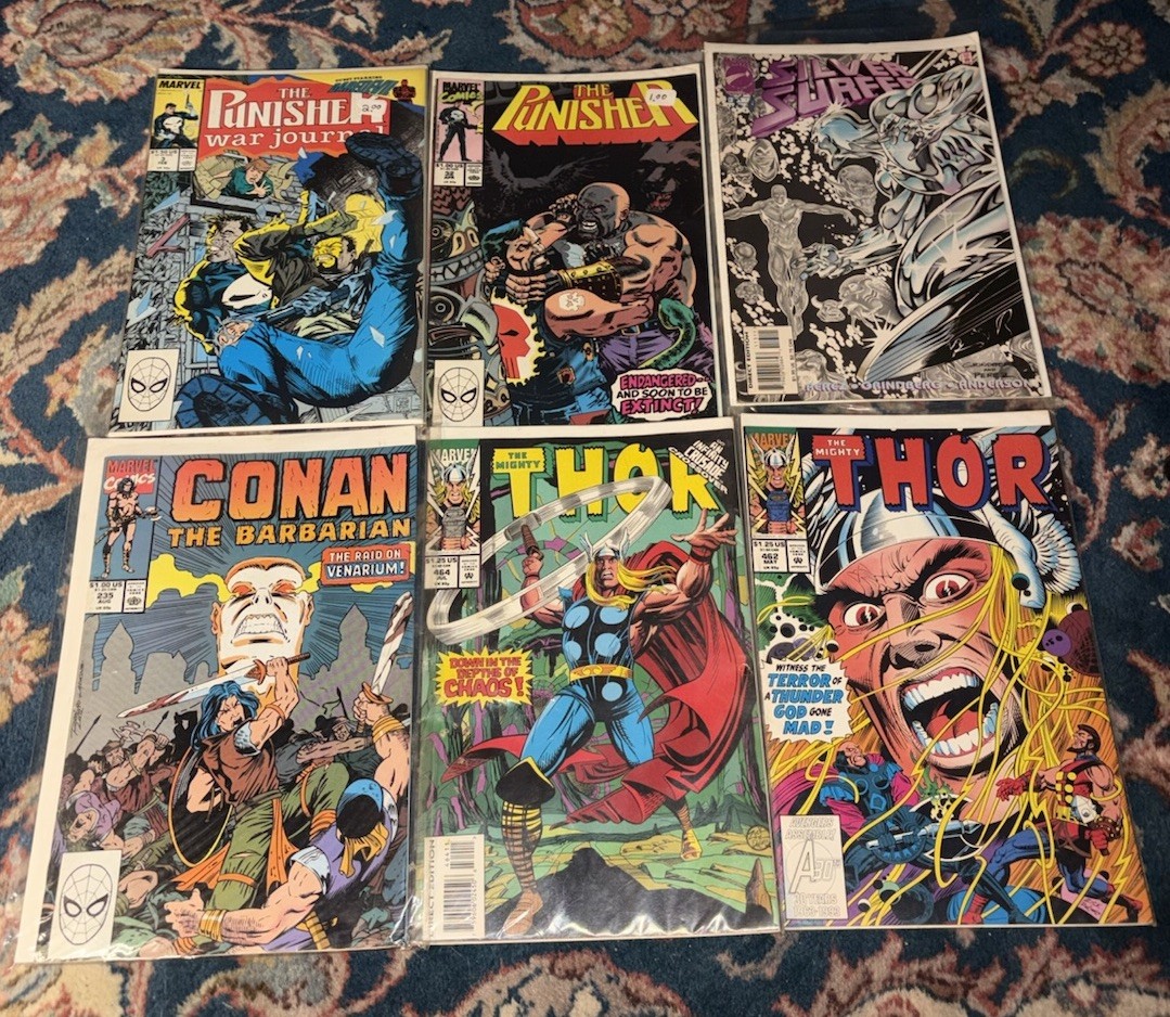 Vtg Marvel Comic Book Lot Of 6 Conan Punisher Thor Silver Surfer 80s 90s Nice