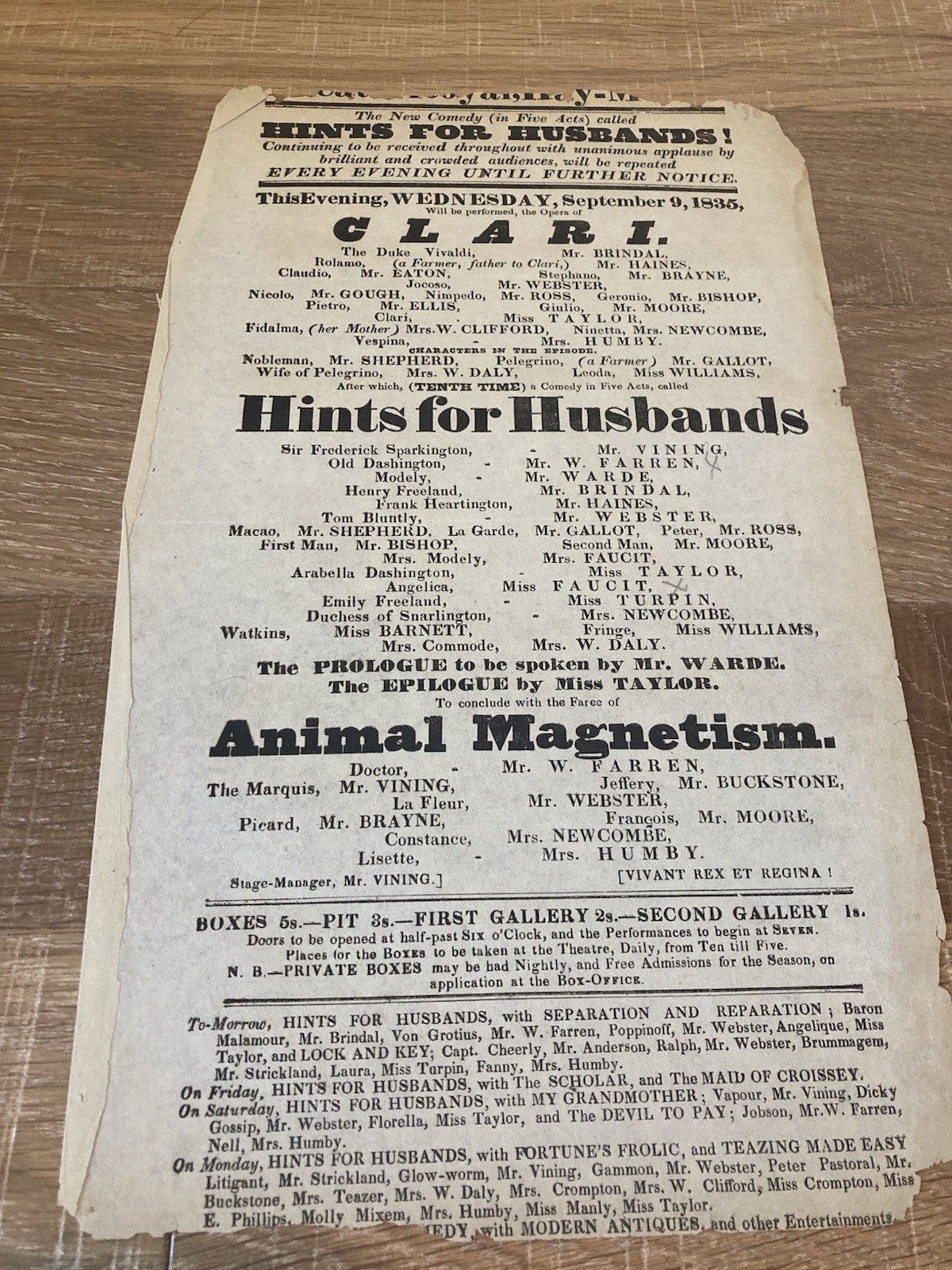 1835 Theatre Royal Haymarket Playbill Hints For Husbands And Clari 19