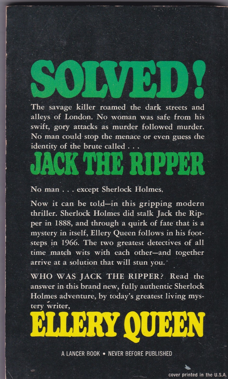 A Study In Terror by Ellery Queen (1966) Lancer movie paperback, Jack the Ripper