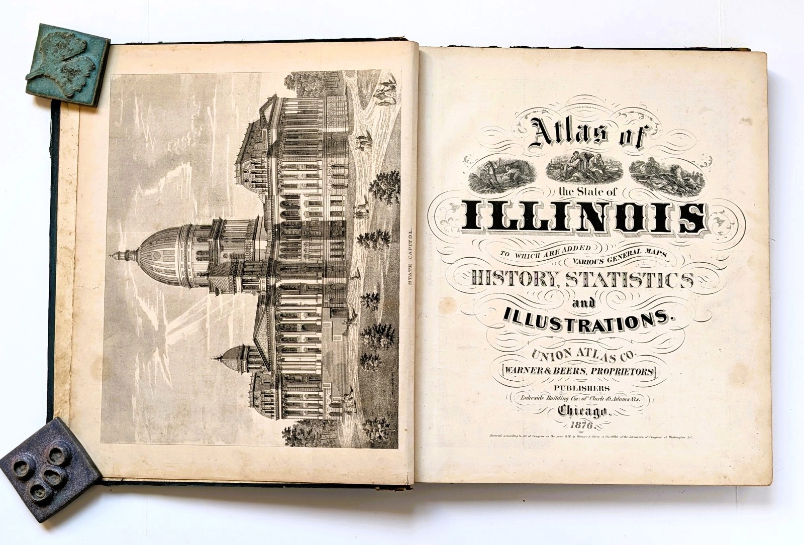 1876 ATLAS OF THE STATE OF ILLINOIS w/ 119 LITHOGRAPHED COLOR MAPS + MANY PLATES