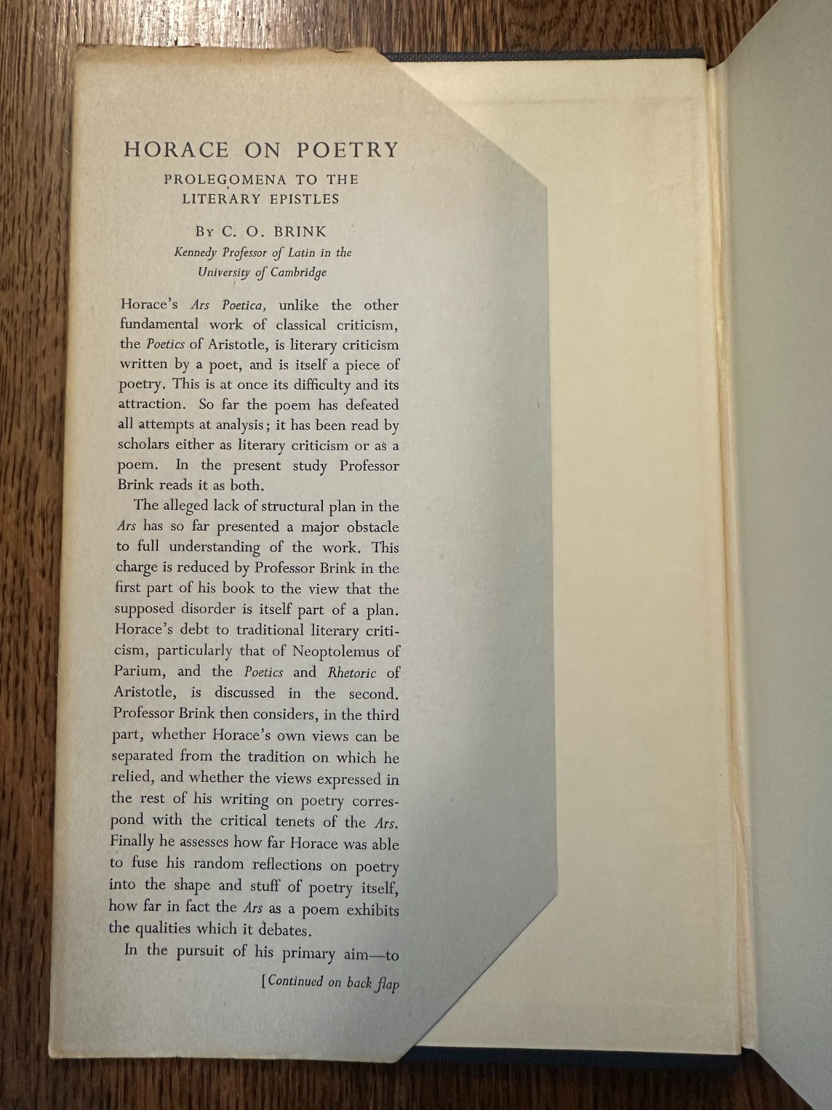 Horace on Poetry: Prolegomena to the Literary Epistles C.O. Brink 1963 HC/DJ