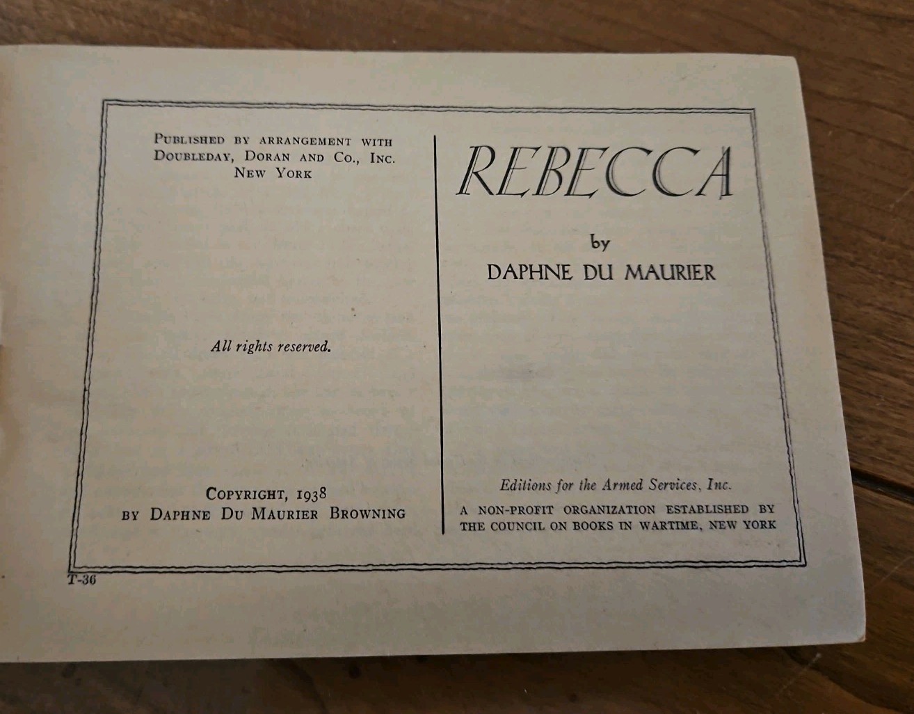 Rebecca by Daphne du Maurier 1945 Armed Services Edition T-36