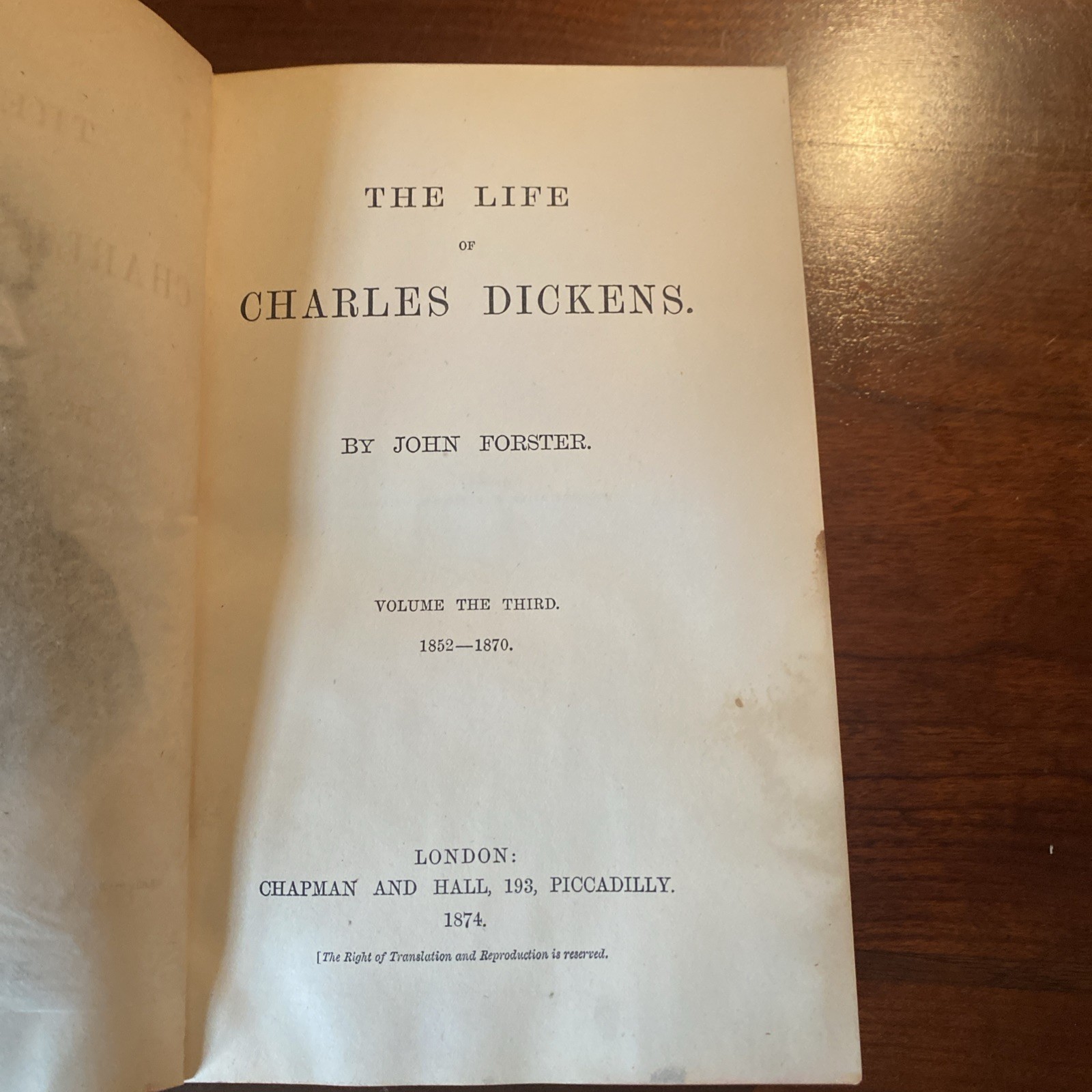 ANTIQUE 1874 – The Life Of Charles Dickens, Forster Volume 3 Victorian Binding