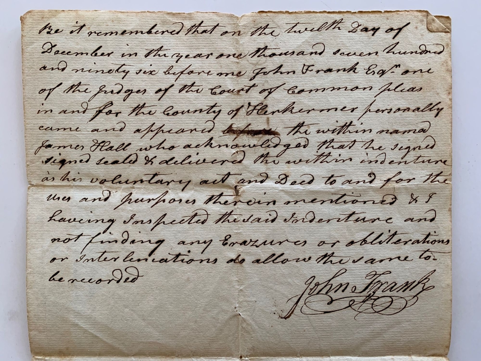 New York18th Century Hand-made Paper 1796 Indenture with Rare 1793 Watermark
