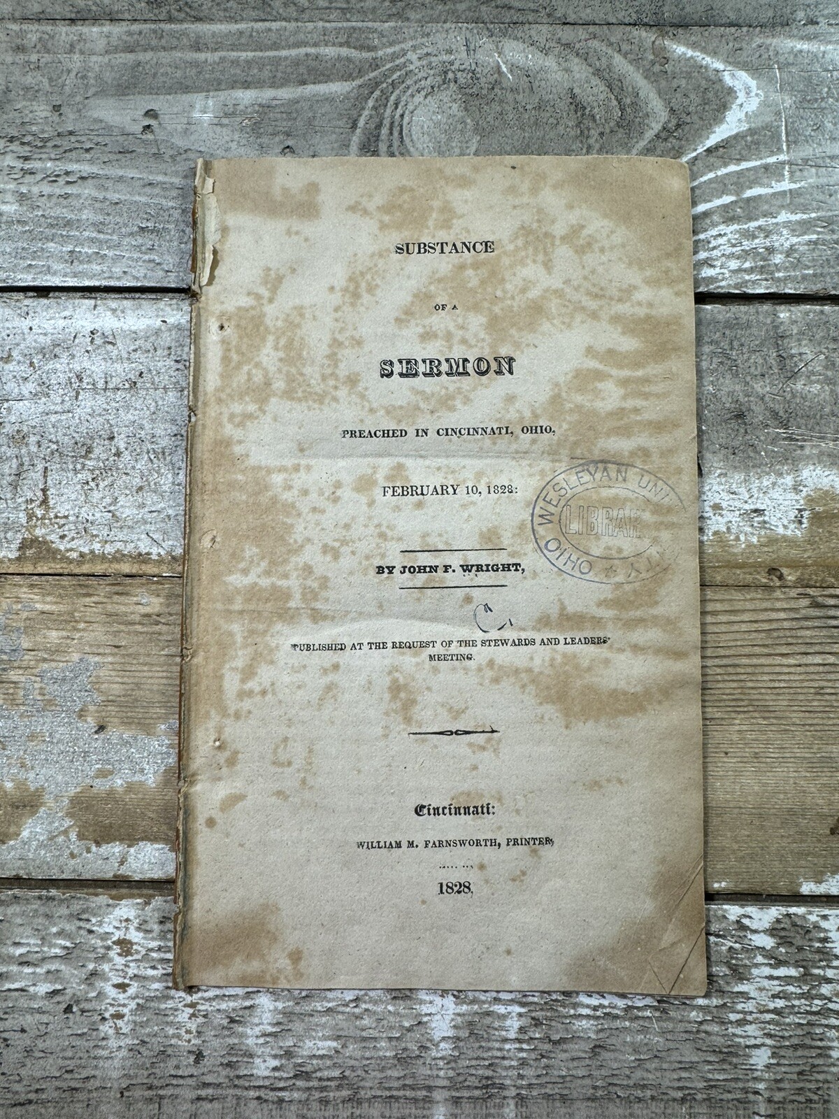 1828 Antique Religious Sermon “Substance of a Sermon in Cincinnati” Wright