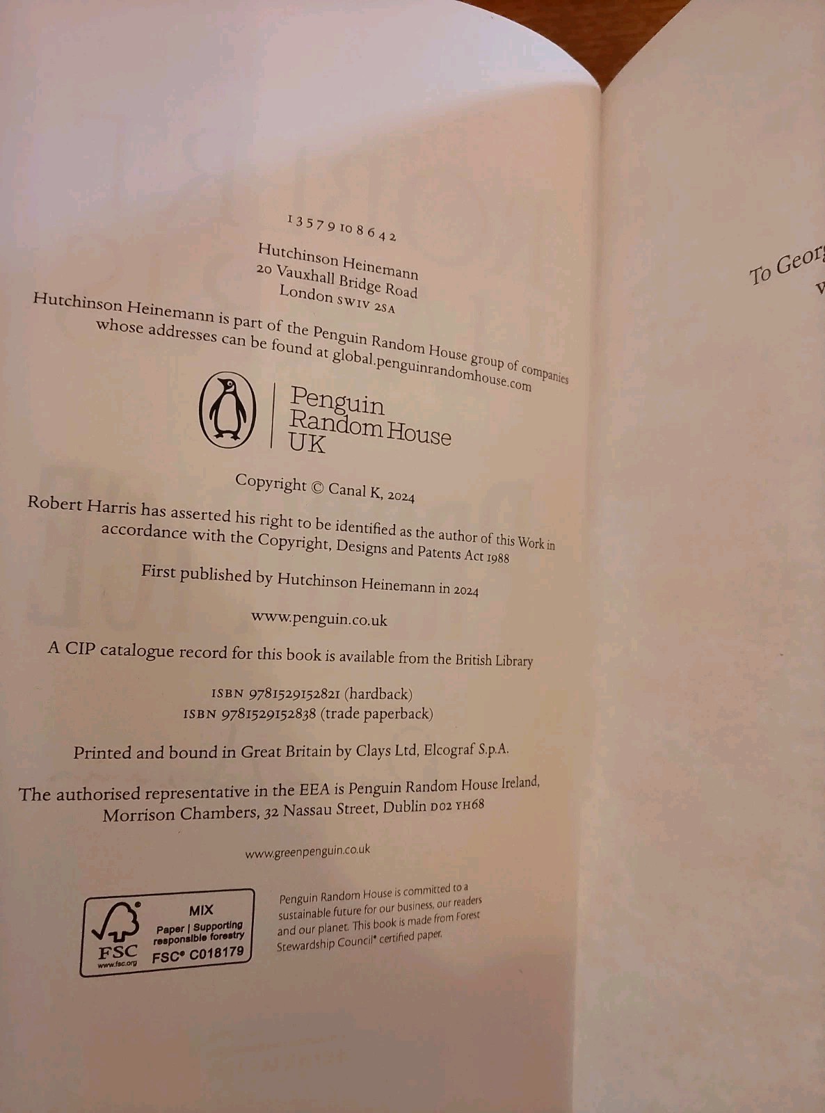 BOOK – SIGNED Robert Harris Precipice First Edition Hardback Novel 2024