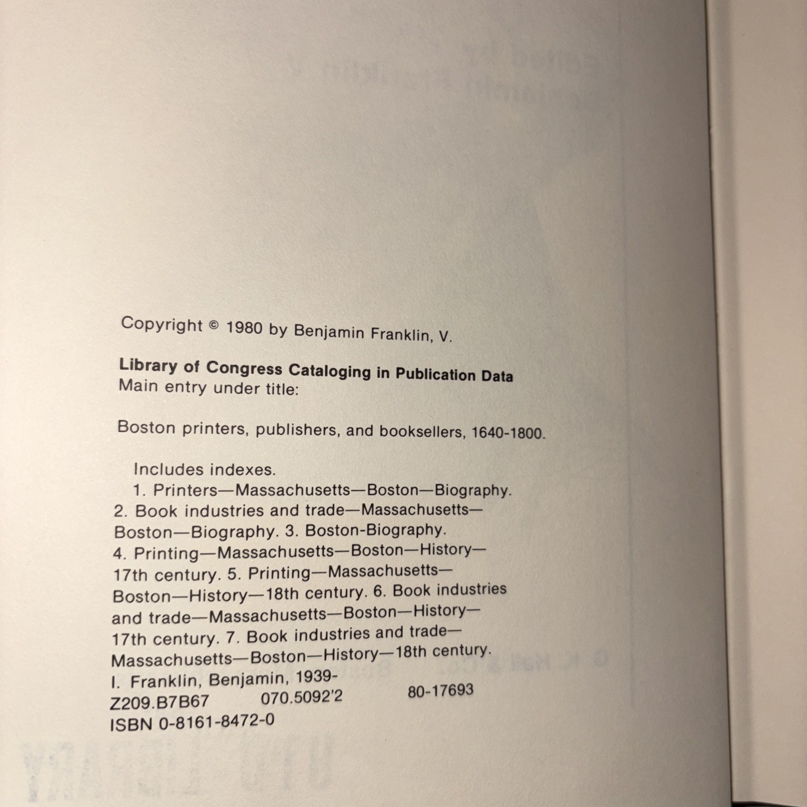 BENJAMIN V FRANKLIN / Boston printers publishers and booksellers 1640-1800