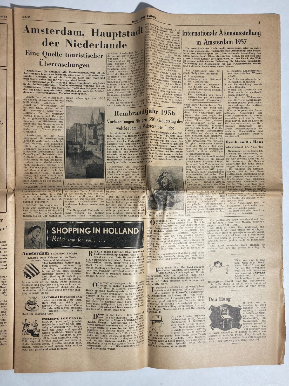 Holland World News Bulletin Amsterdam Vintage 1955 English German 2 Newspapers