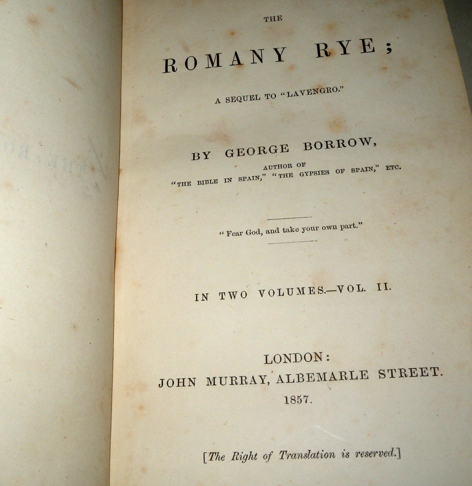 The Romany Rye: George Borrow, 2 Volume Set, Hardback, 1857, John Murray