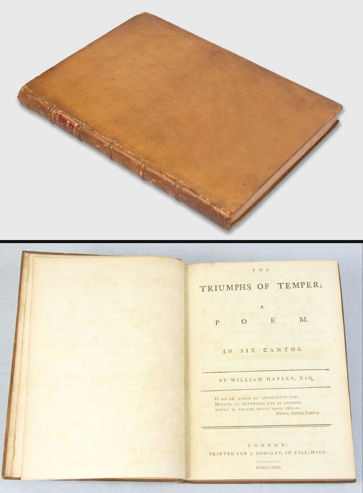Hayley – 1781 TRIUMPHS of Temper – rare 1st edition in contemporary calf binding