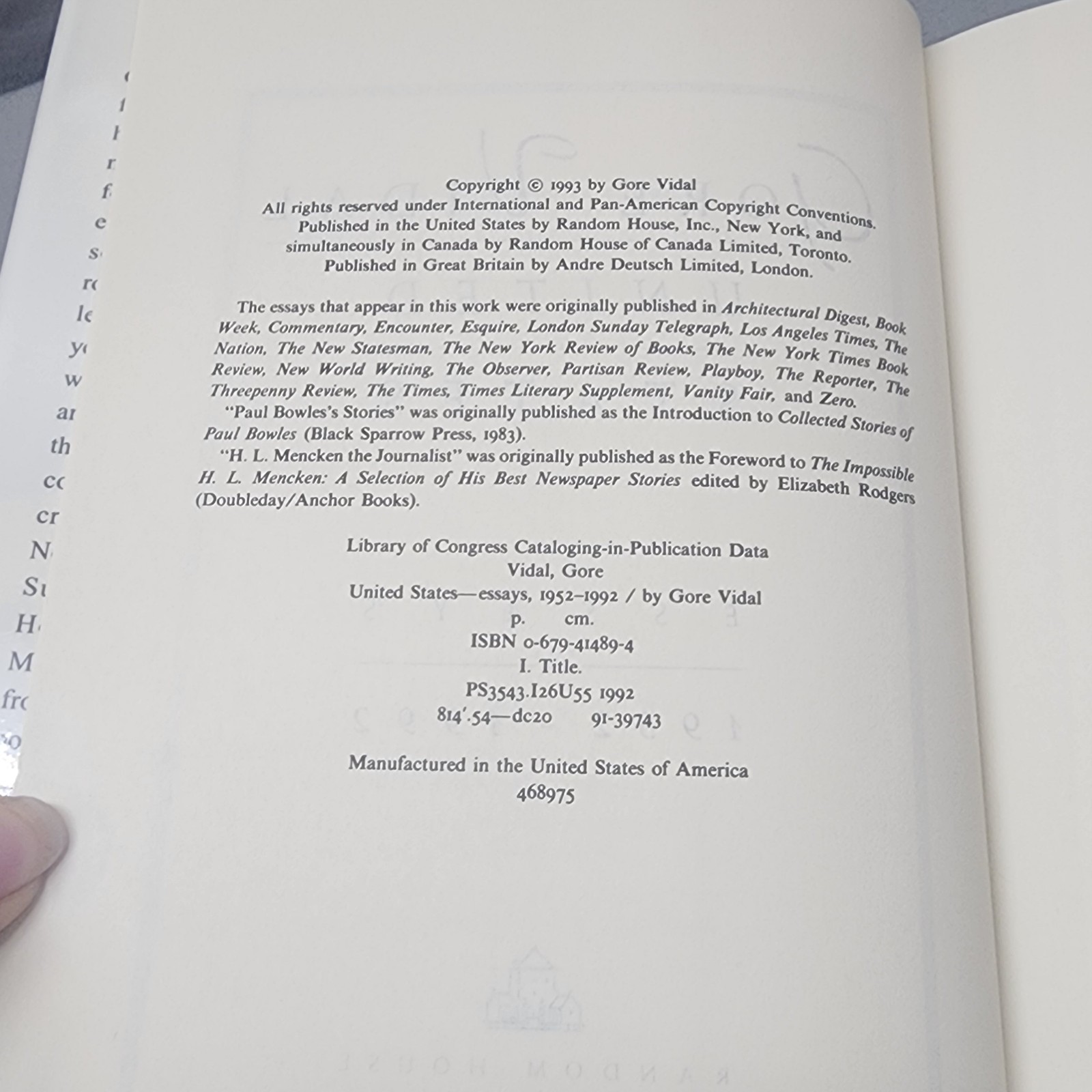 United States: Essays, 1952-1992. Vidal, Gore: Book