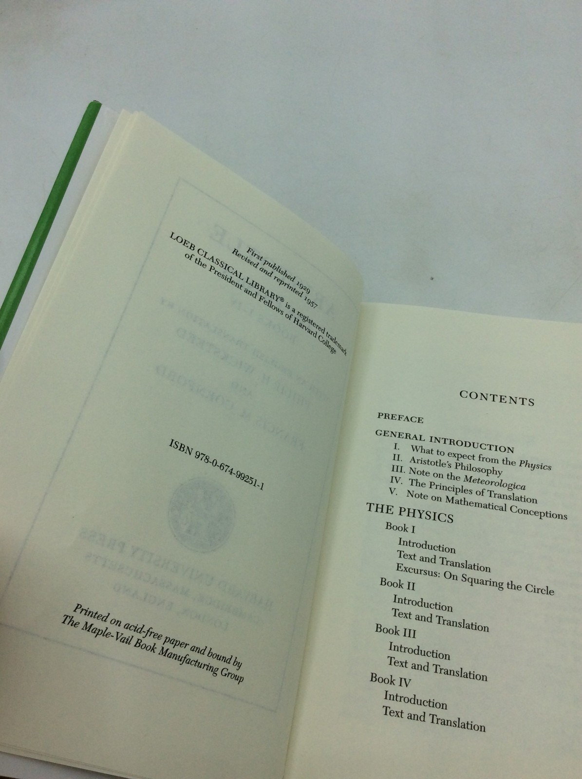 ARISTOTLE: THE PHYSICS, Books I-IV – ca 2000s – LOEB CLASSICS – Greek/English