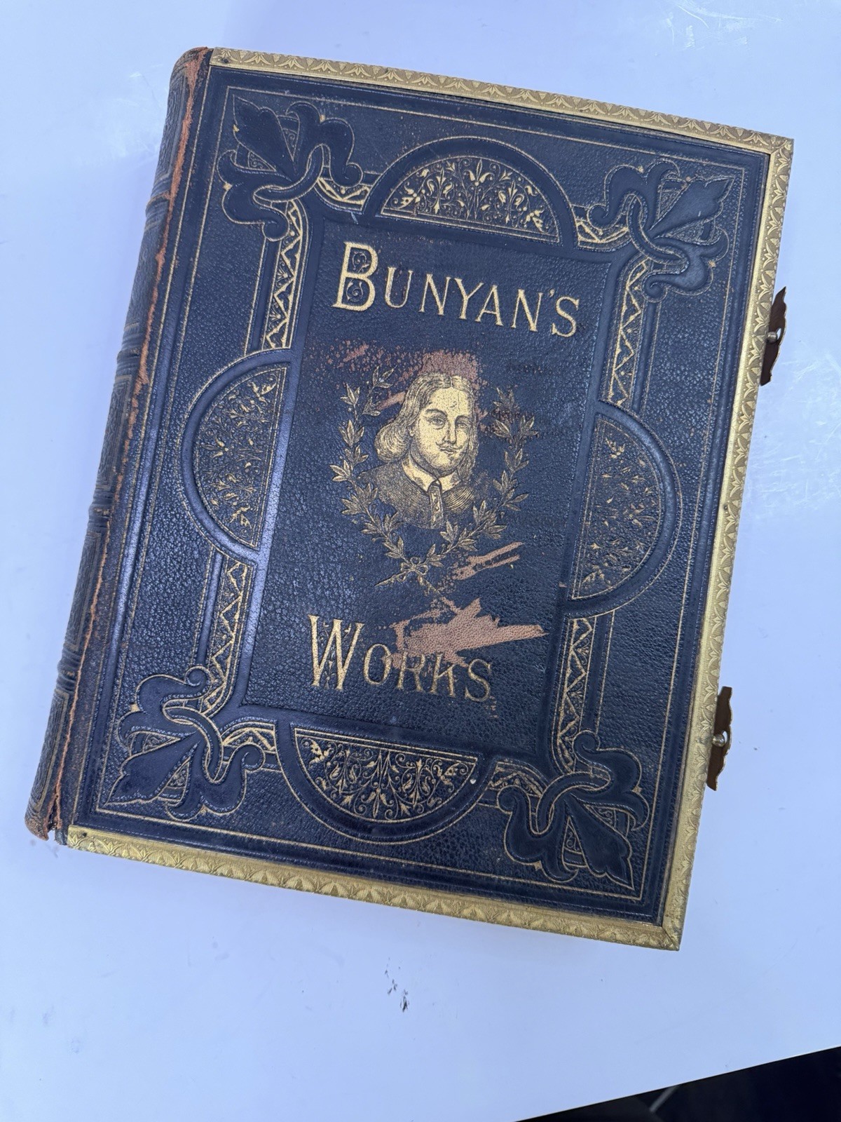 Antique 1880 Bunyans Works Cassell Brass Clasp Leather Bound Book Decor