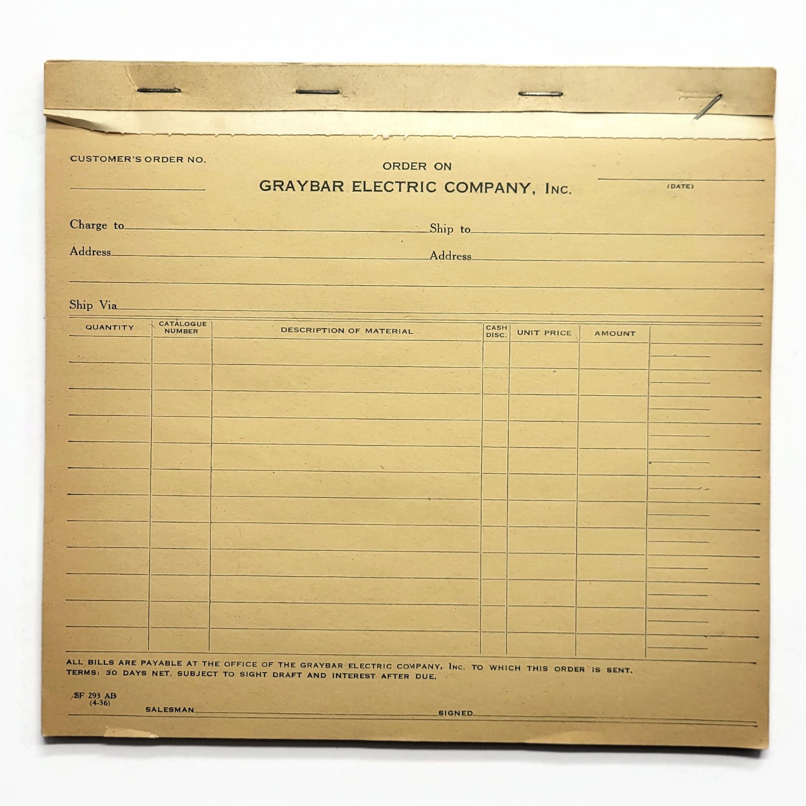 Vintage April 1936 Graybar Electric Company Inc. Order Form Paper Pad Ephemera