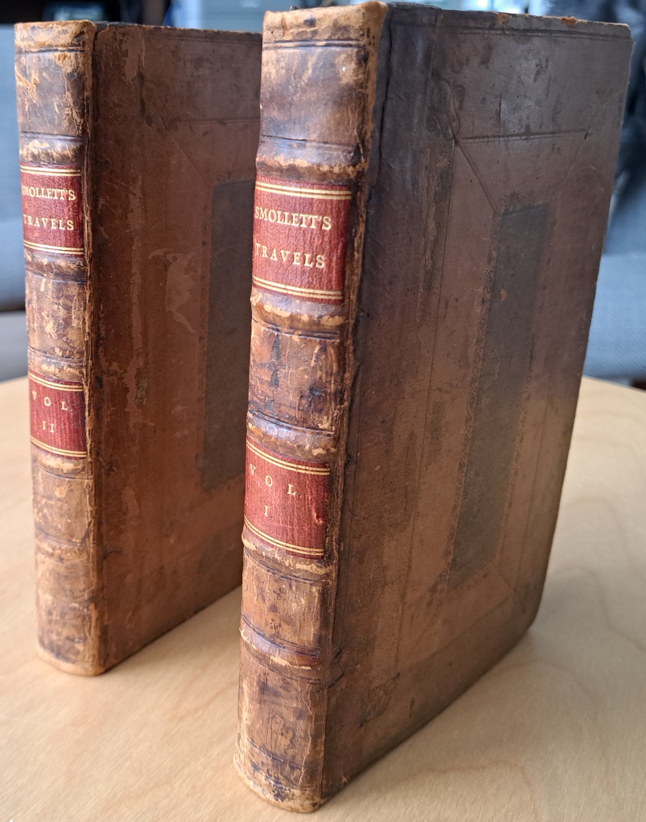 1766 Travels Through France Italy SMOLLETT Antique Leather 2 Vol Set 2nd Ed