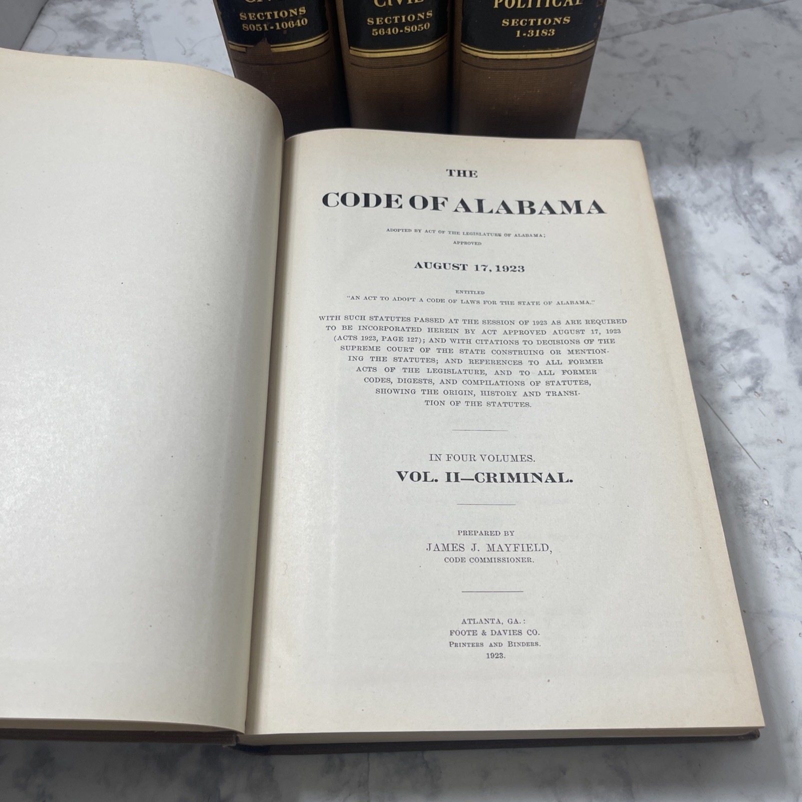 CODE OF ALABAMA 1923 CIVIL Complete 4 Vol Set Foote & Davies Rare Legal History