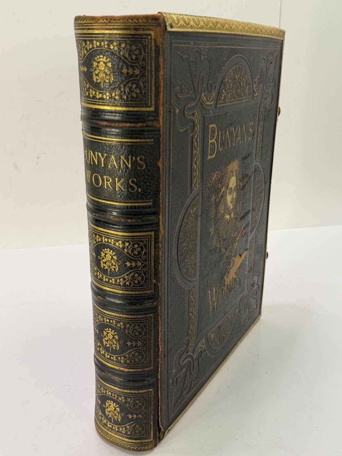 Antique 1880 Bunyans Works Cassell Brass Clasp Leather Bound Book Decor
