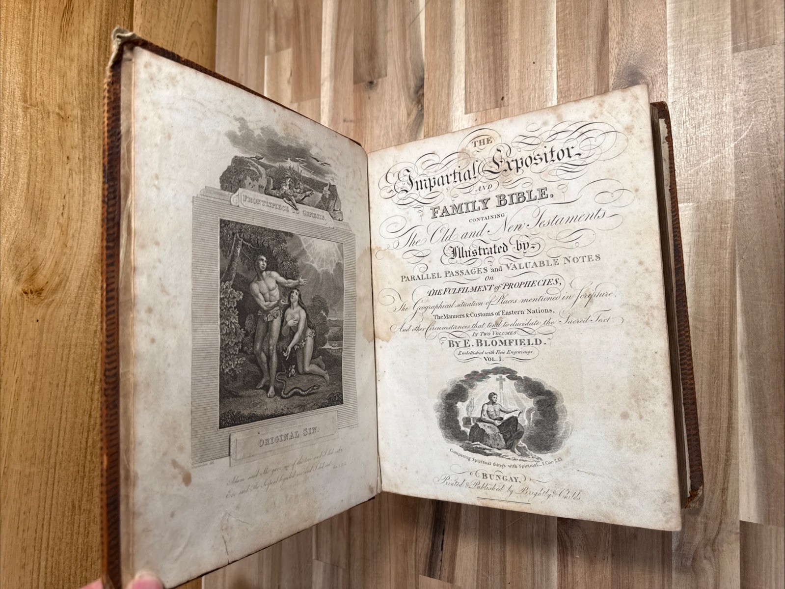 c1815 HOLY BIBLE 2 vol IMPARTIAL EXPOSITOR family BLOMFIELD leather BUNGAY rare