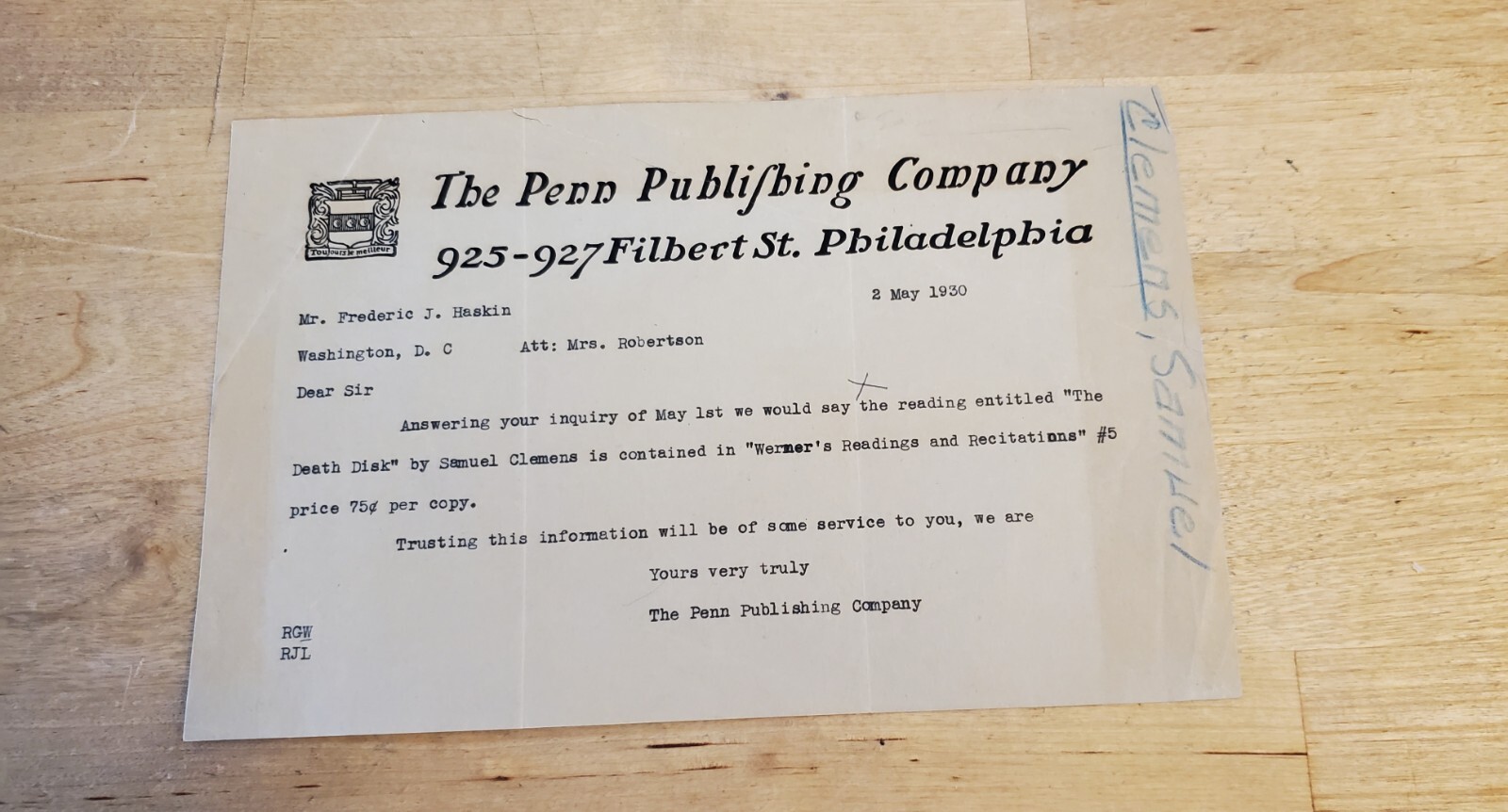 PENN PUBLISHING: “THE DEATH DISK”: SAMUEL CLEMONS: 1930: F