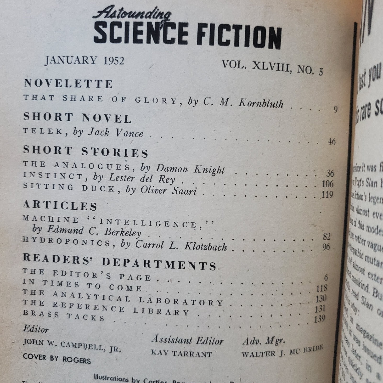 Astounding Science Fiction Jack Vance D Knight Machine Intelligence January 1952
