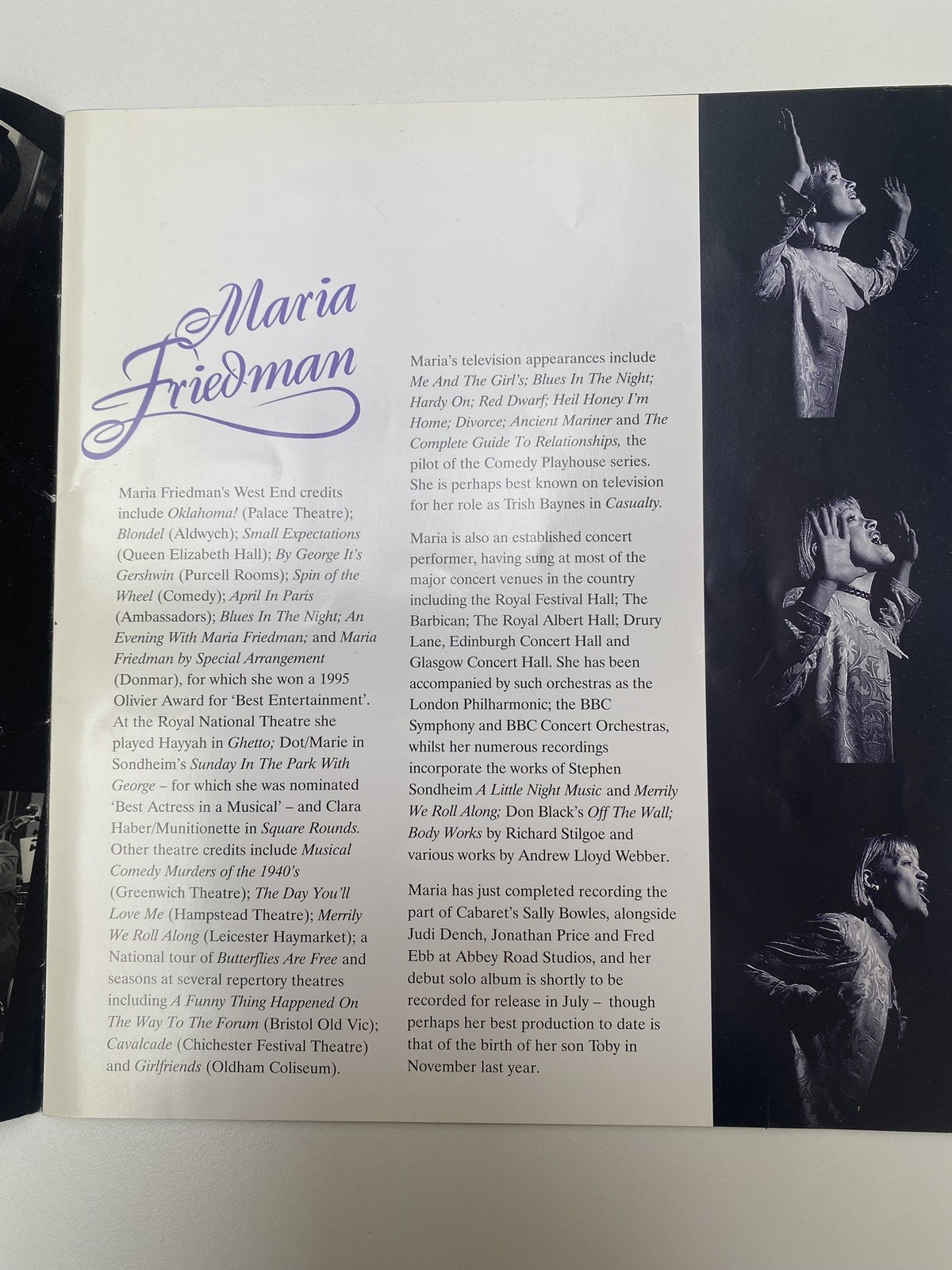 London Theatre Programme – Maria Friedman – By Extra Special Arrangement – 1995