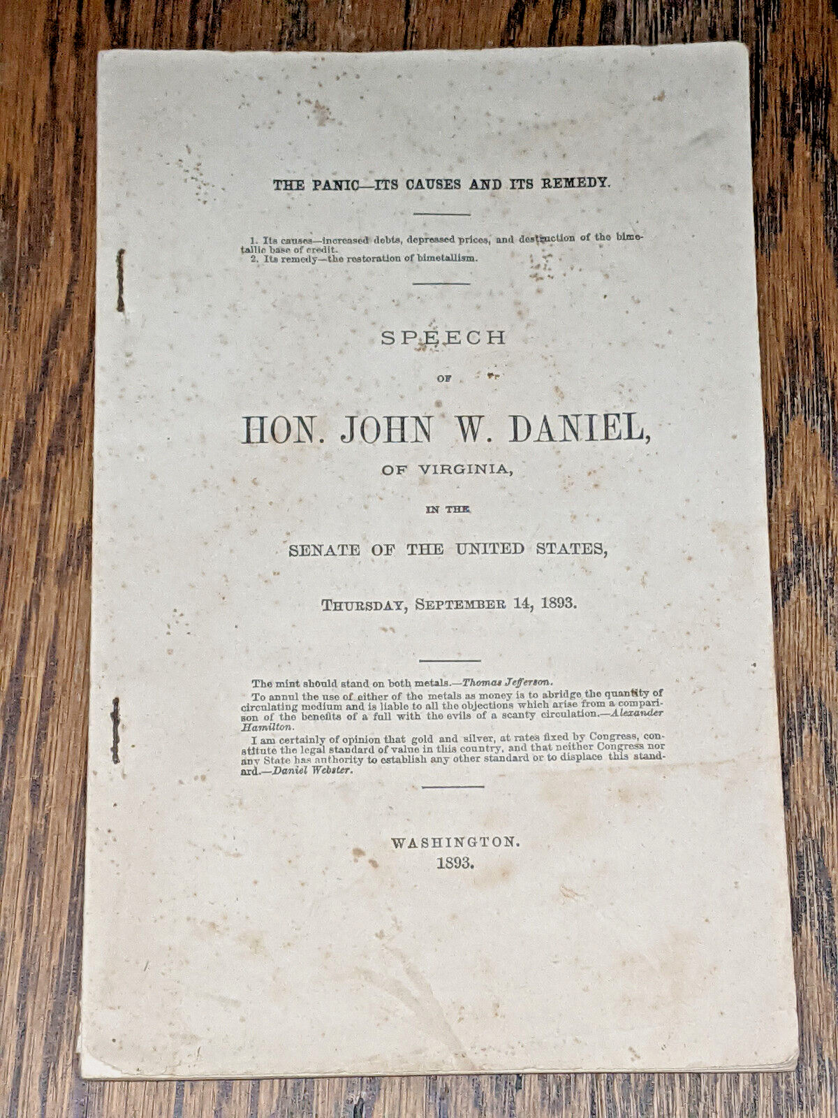 Speech Hon. John W. Daniel Of Virginia U.S. Senate 1893 Financial Panic Causes