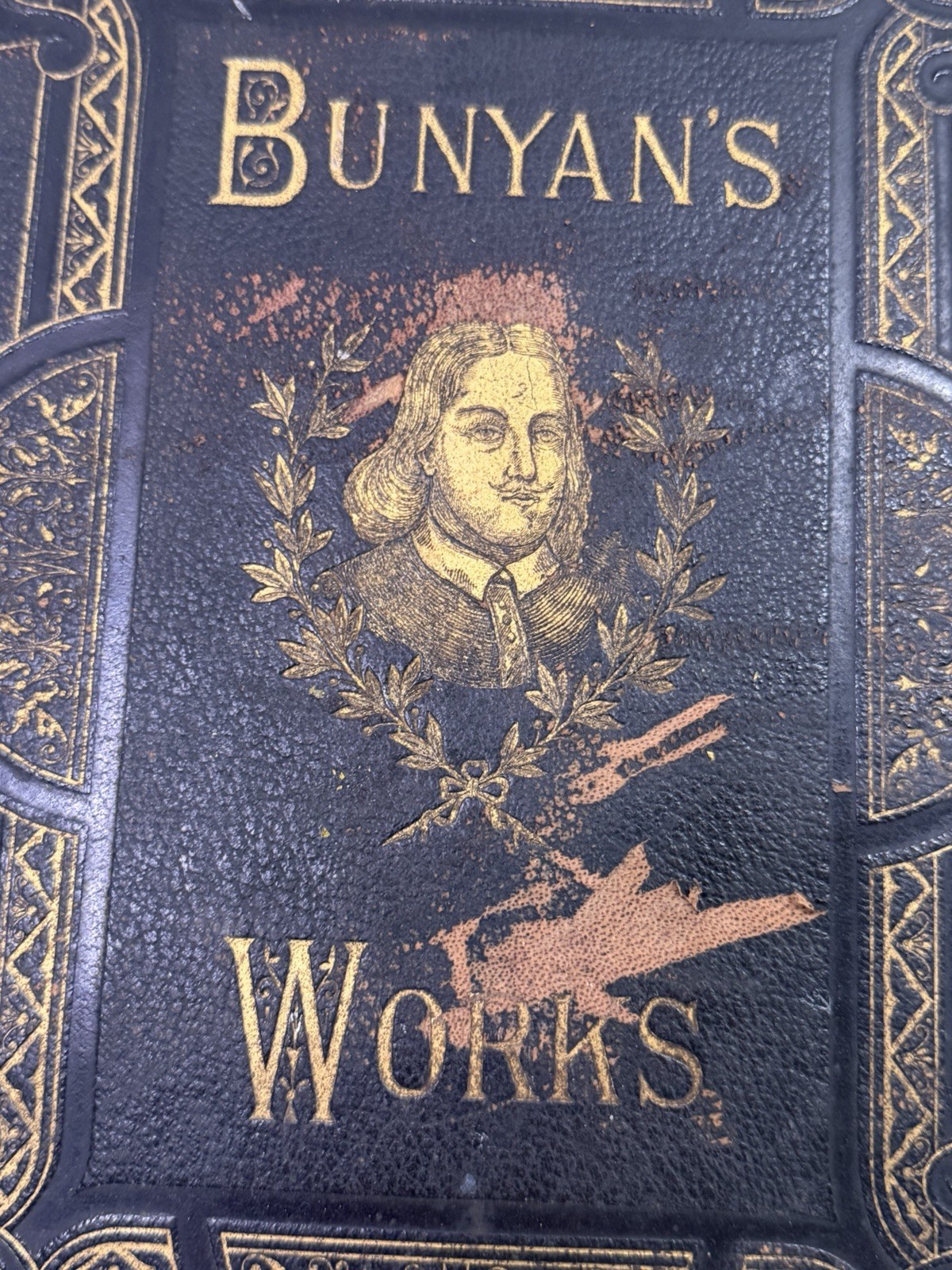 Antique 1880 Bunyans Works Cassell Brass Clasp Leather Bound Book Decor