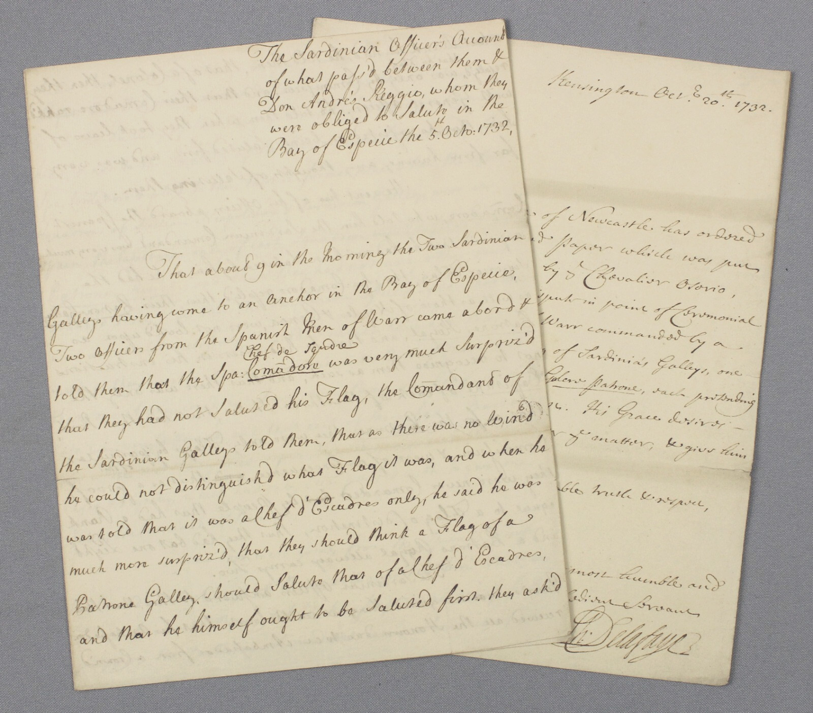 1732 Naval Manuscripts – Mediterranean Salute – Admiral Wager + Duke Newcastle