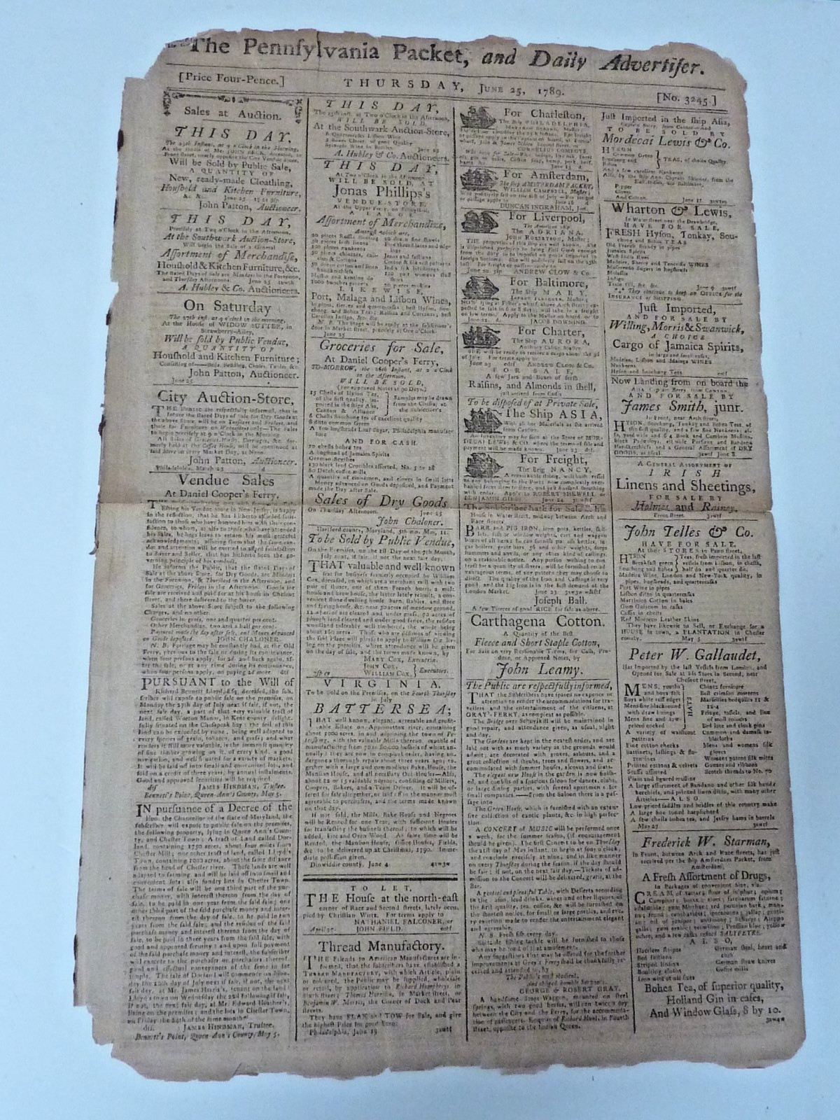 Original June 25, 1789 “The Pennsylvania Packet, and Daily Advertifer” – Rare!