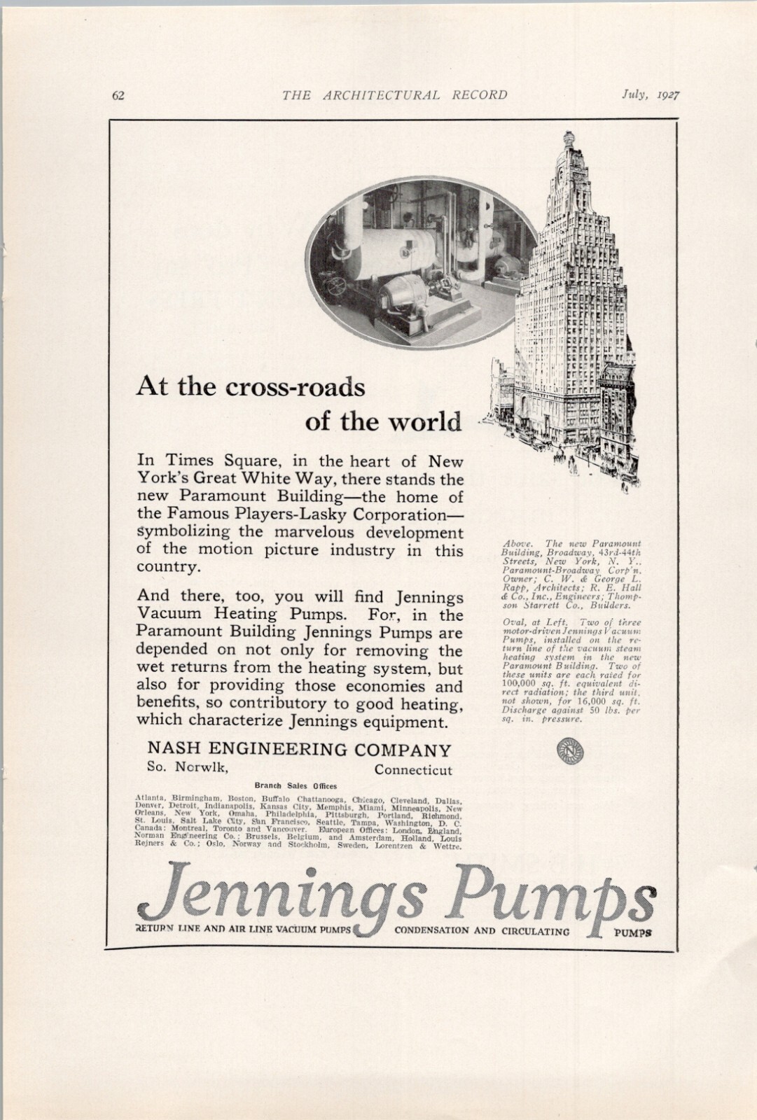 1927 Ad * Paramount Building NYC Jennings Pumps Nash Engineering S. Norwalk CT