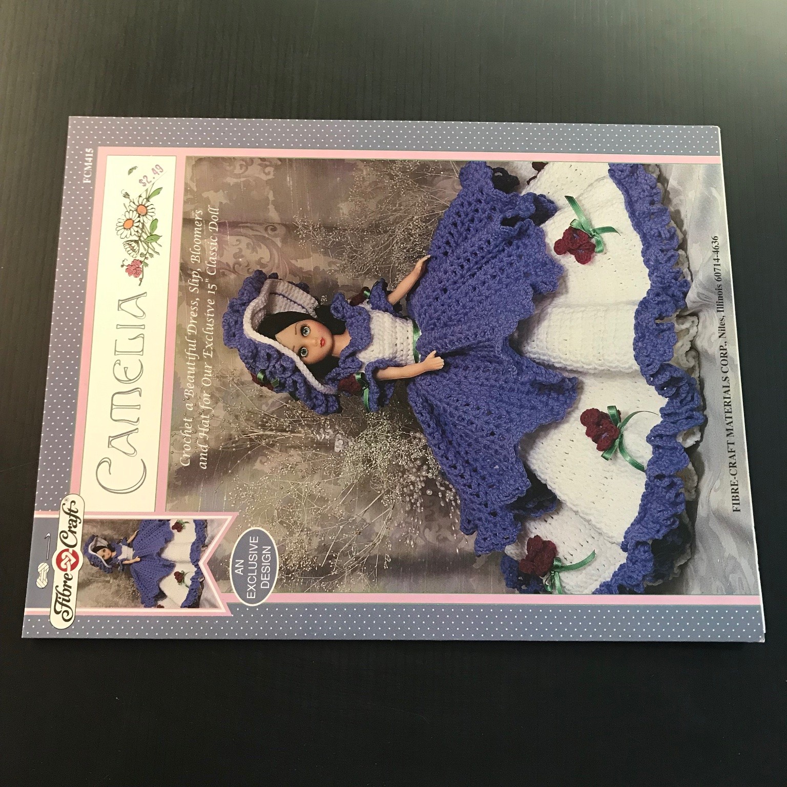 CAMELIA Fibre-Craft Crochet Pattern 1994 Doll Dress Slip Bloomers Hat FCM415
