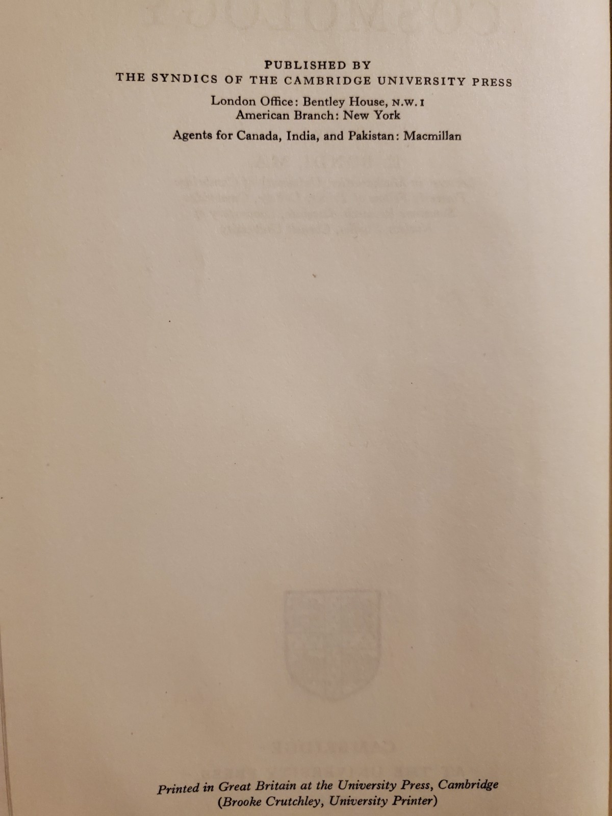 H. Bondi / Cosmology – 1st Edition 1952 *SCARCE* w/ Jacket Very Good Condition