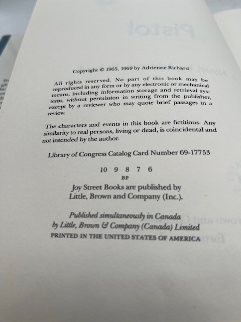 Pistol – Adrienne Richard – 1969 Little Brown & Co. Hardcover with Dust Jacket
