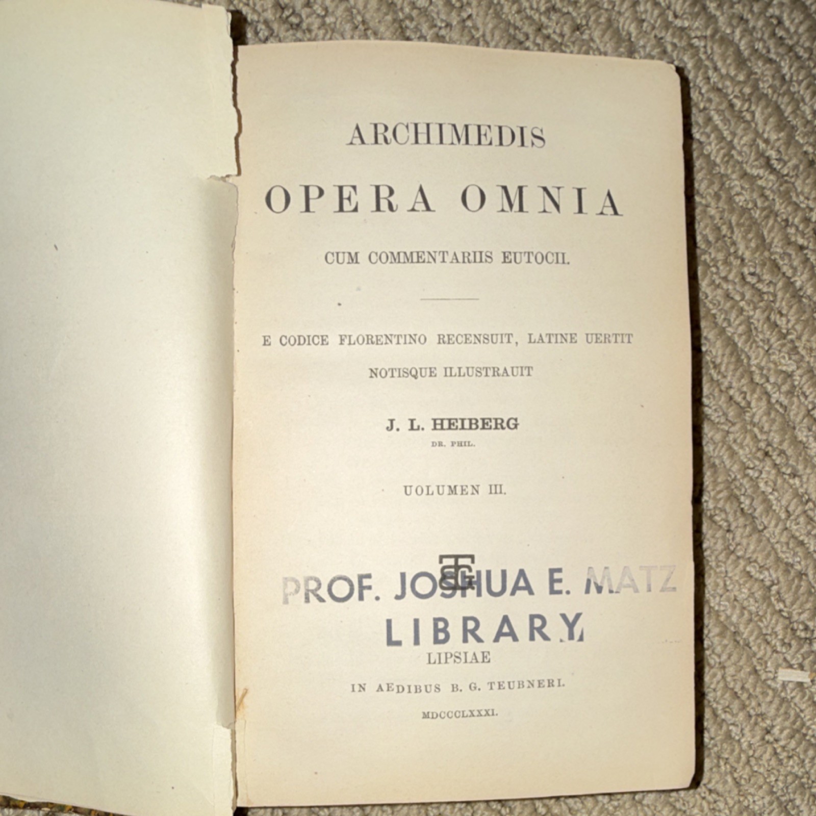 Archimedes Opera Omnia Vol III Teubner Lipsiae 1915 Leather Latin Ex-Lib