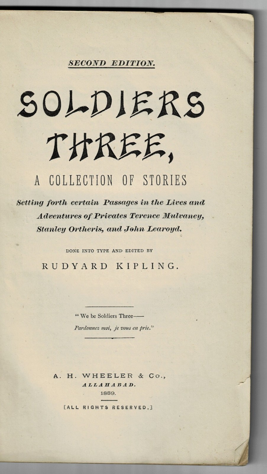 SOLDIERS THREE by KIPLING – INSCRIBED by JOHN ADDINGTON SYMONDS to EDMUND GOSSE