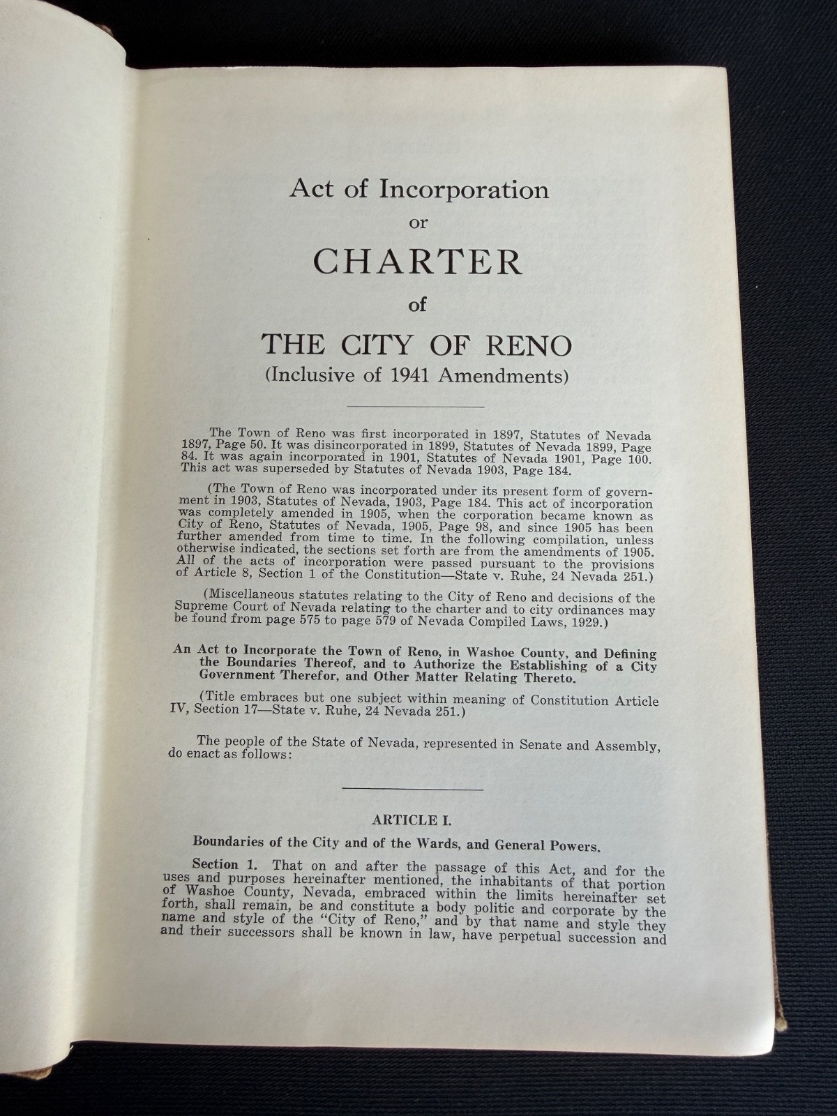 1941 CITY OF RENO Charter & Ordinances Nevada Law Municipal Code – Douglas Busey