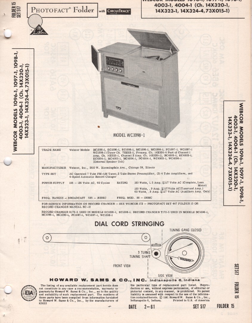 Webcor- Model 1096-1/1097-1 – Radio-Phono – Original Service Manual – 1961