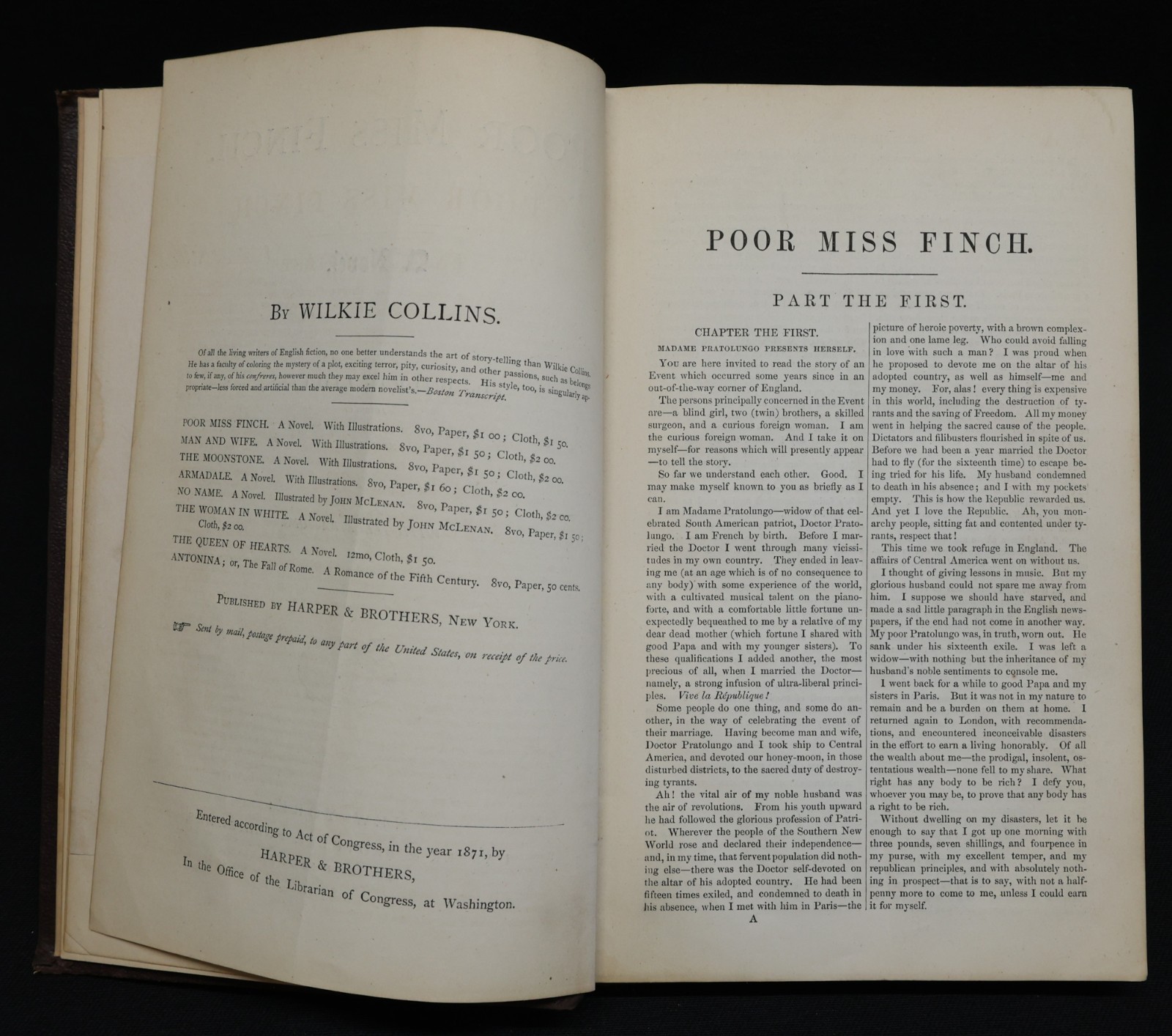 1872 Poor Miss Finch, A Novel by Wilkie Collins – Harper & Brothers