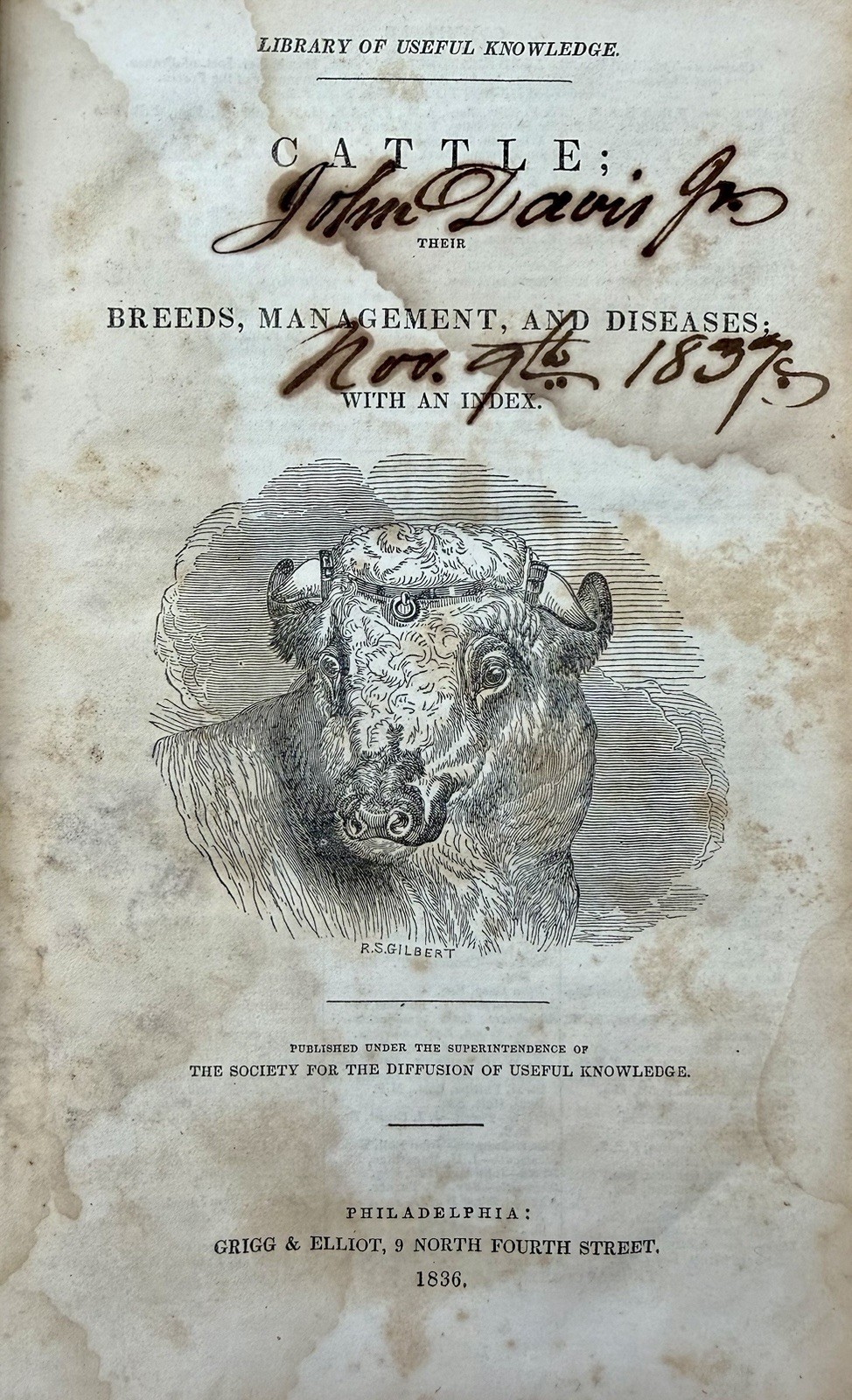 1836 book By William Youatt “TREATISE ON CATTLE”John Davis Sig. Daviston, AL