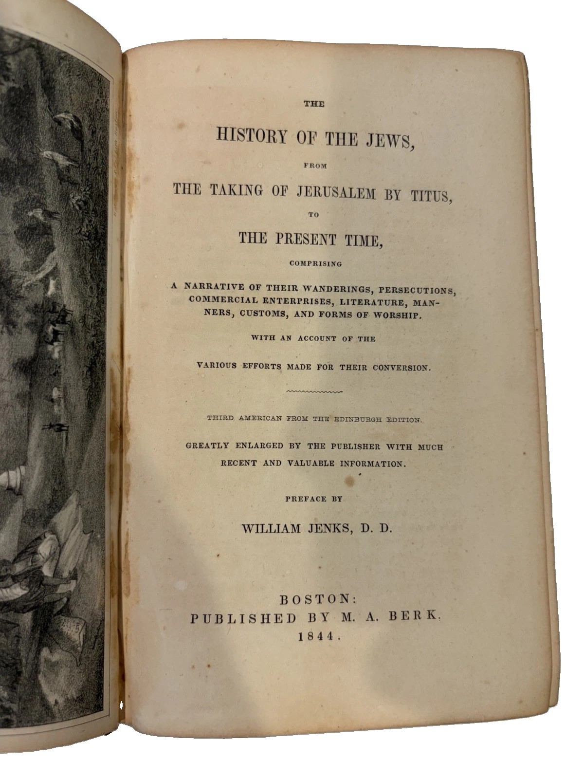 History of the Jews 1844 M.A. Berk Boston HC Antique Book Titus Jerusalem