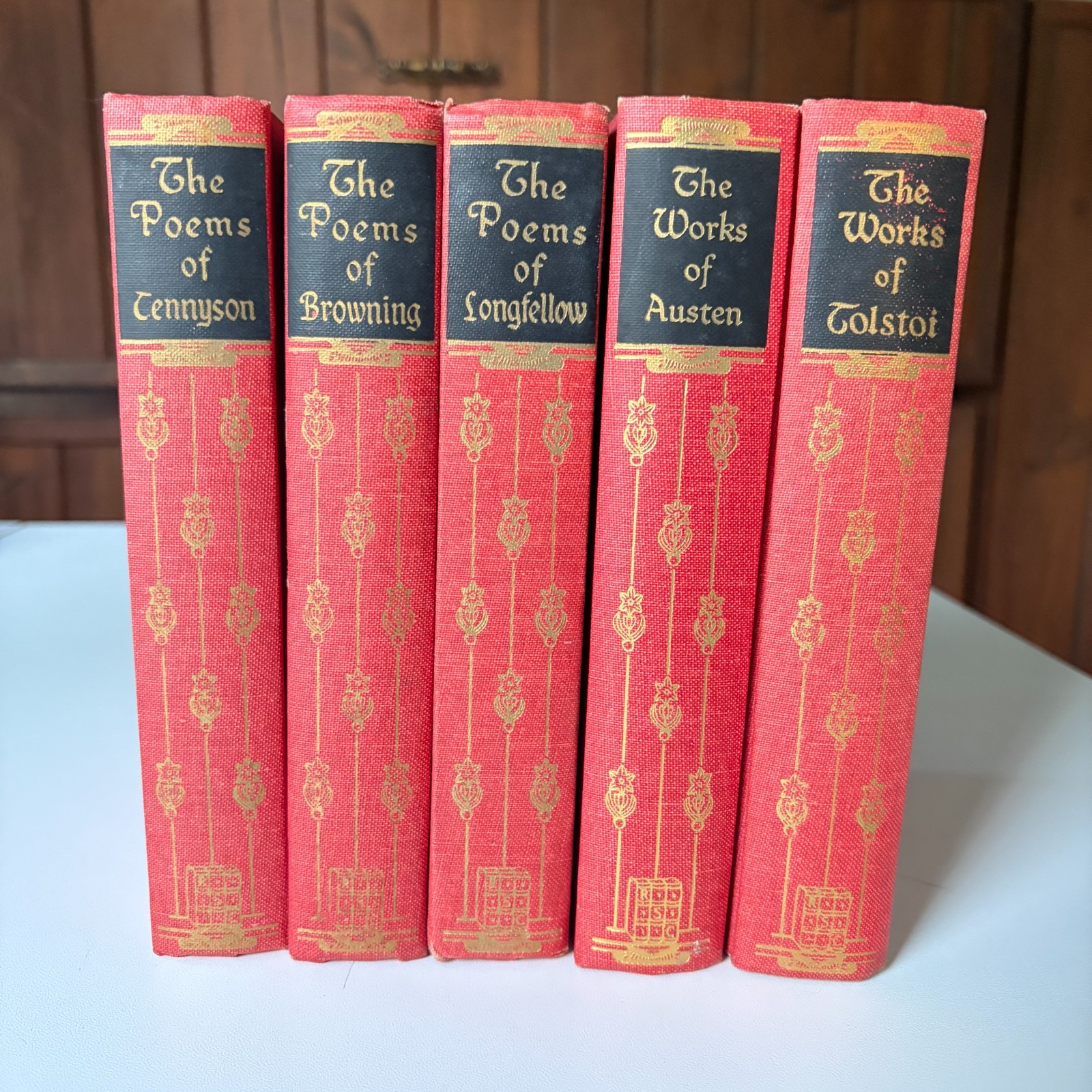 Vintage Decor Hardcover Book Lot 5 Tennyson Browning Austen Tolstoy Longfellow