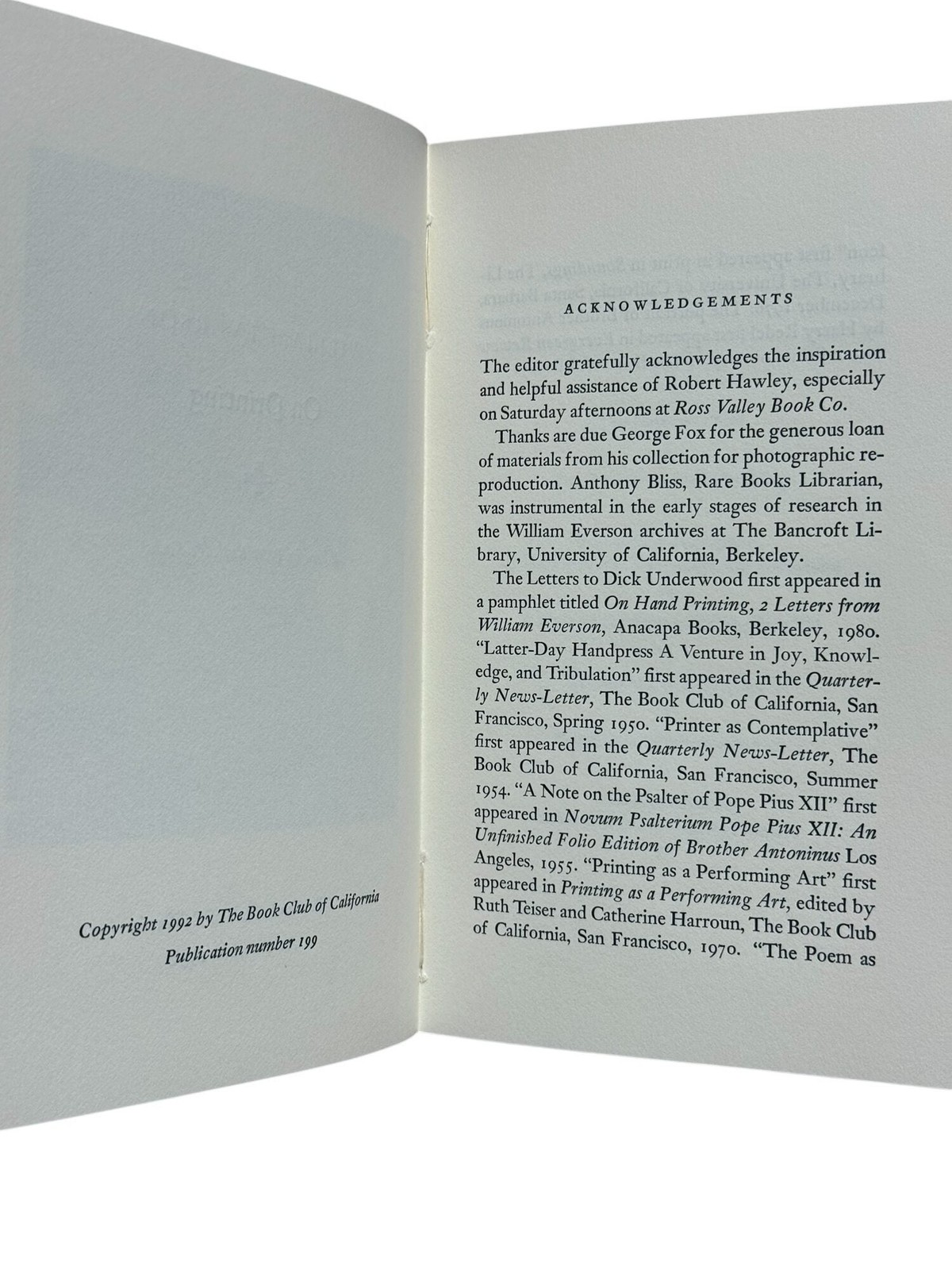 William Everson, Peter Rutledge ed Koch / On Printing 1st Edition 1992