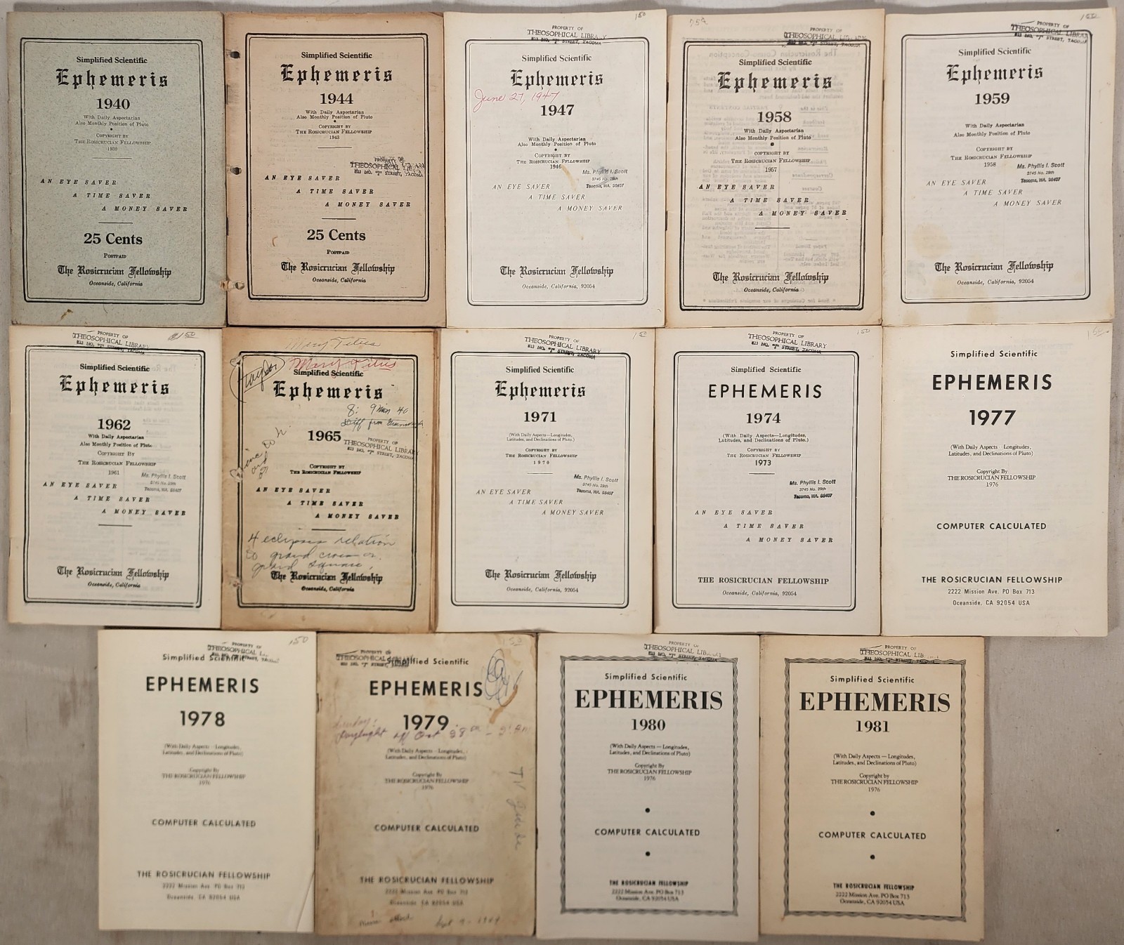 Lot 14 Simplified Scientific Ephemeris – Rosicrucian Fellowship 1940 – 1981