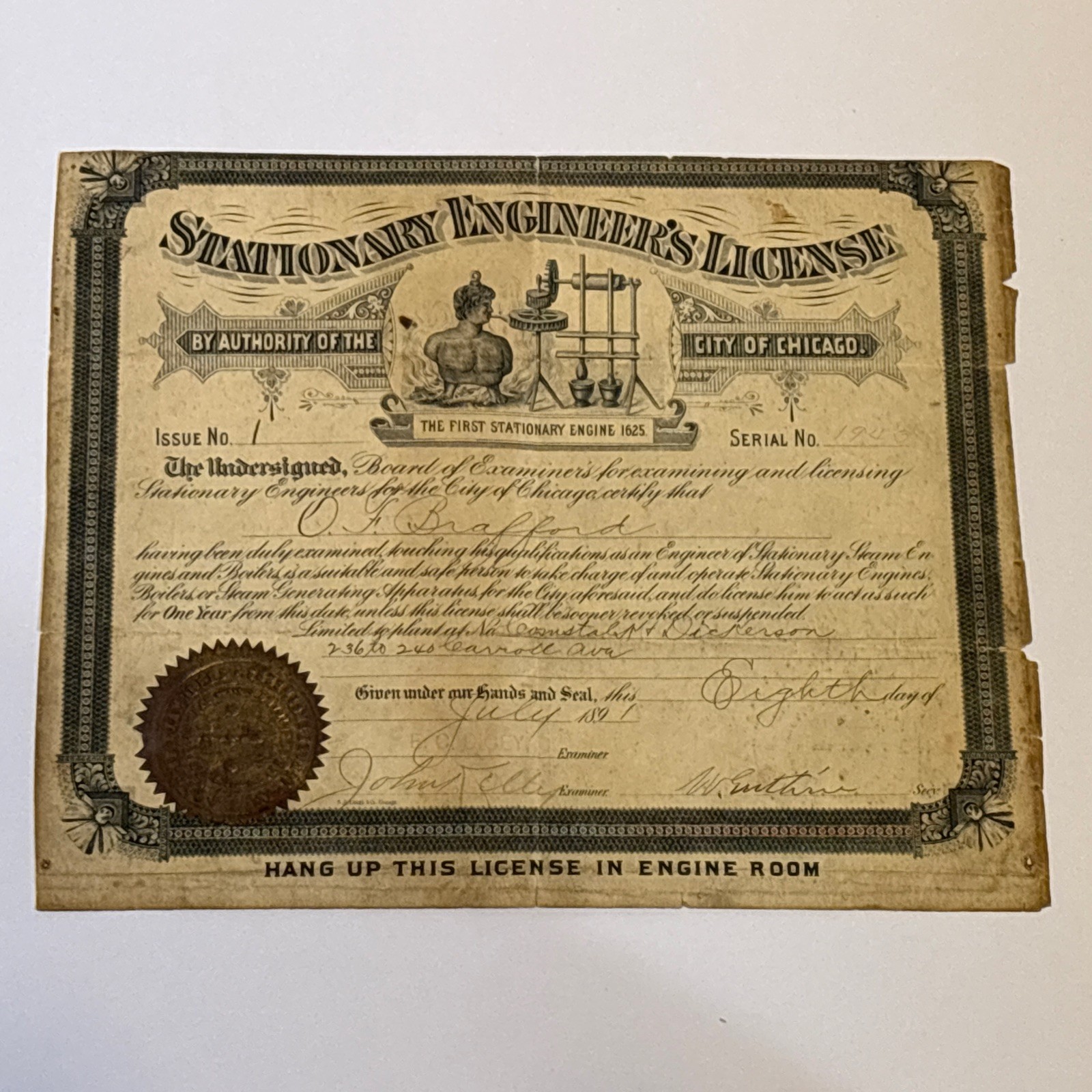 Historical Stationary Stream Engineer’s License Issued 1891 Chicago Illinois