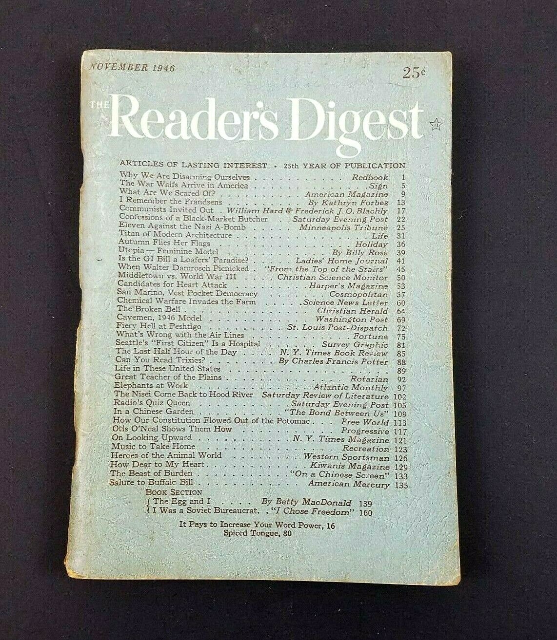 Readers Digest November 1946 Kathryn Forbes Billy Rose Walter Lippmann Damrosch