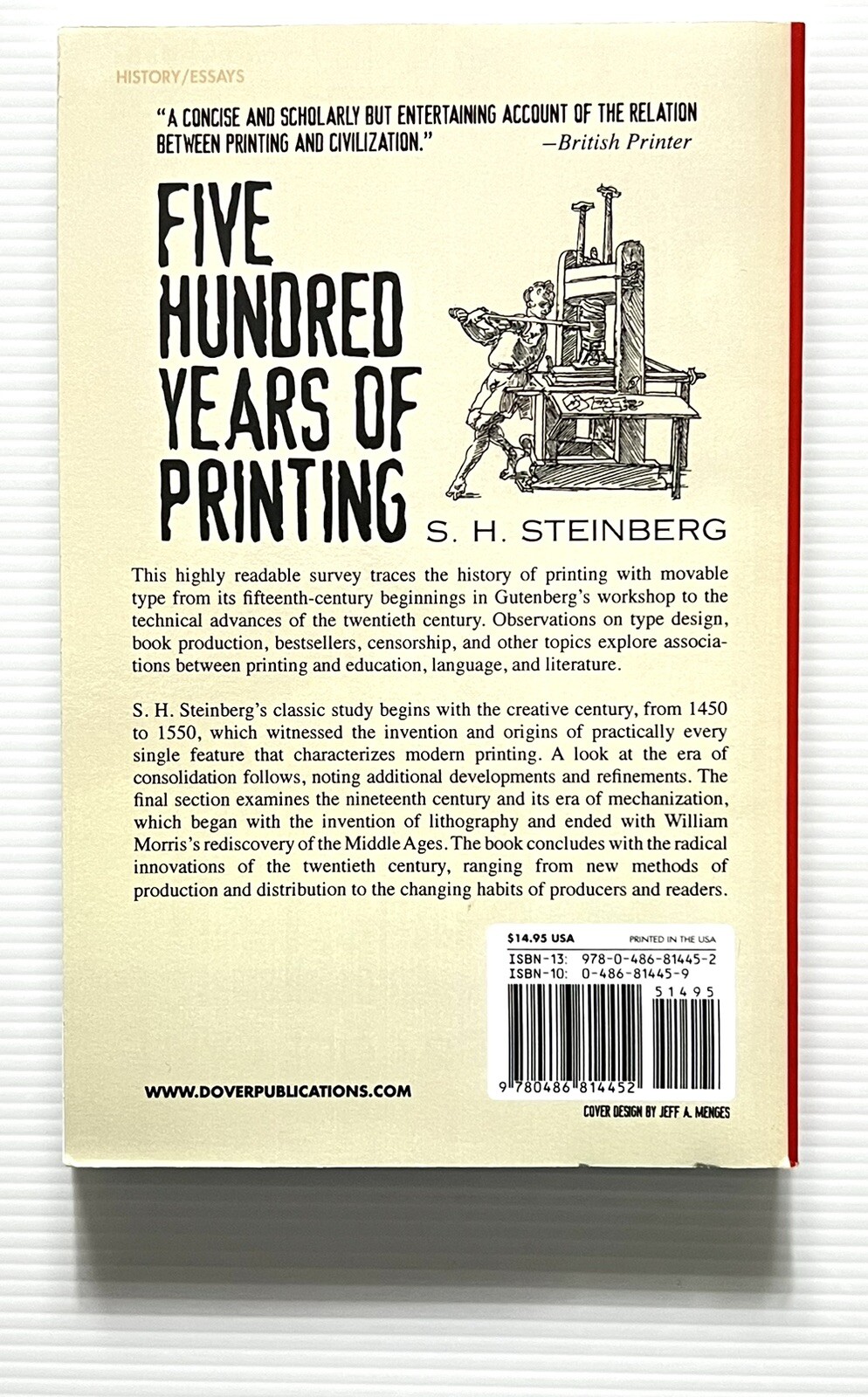 Five Hundred Years of Printing by S.H. Steinberg Reprint of 1955 Edition PB 2017