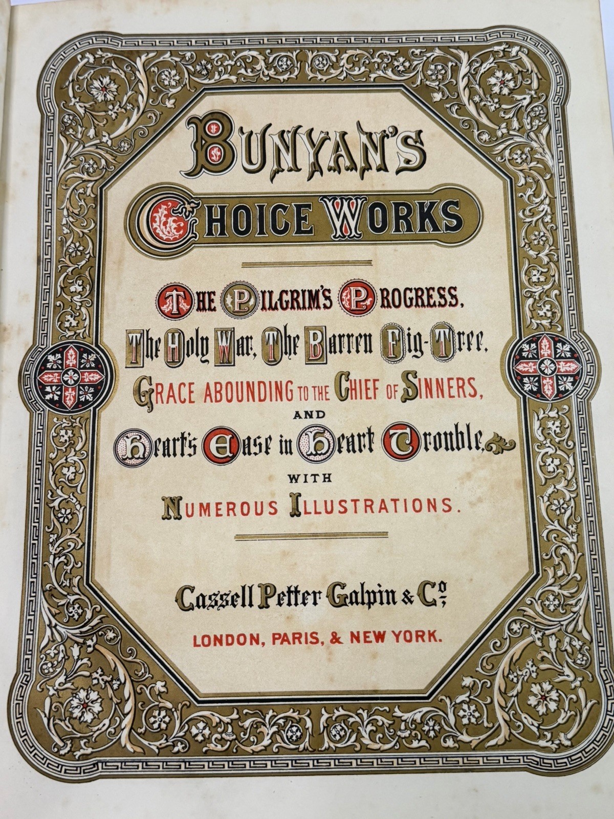 Antique 1880 Bunyans Works Cassell Brass Clasp Leather Bound Book Decor