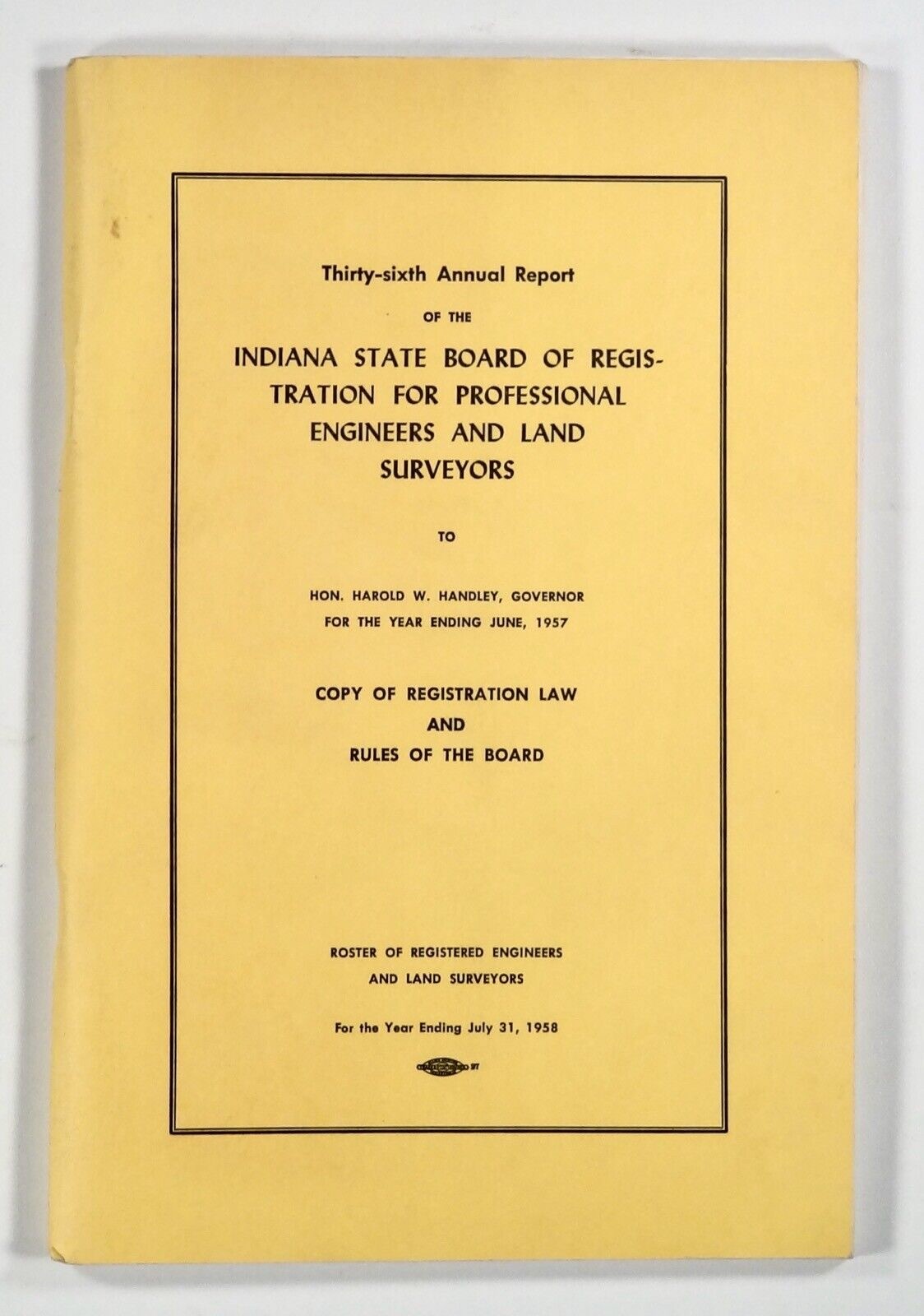 1958 INDIANA STATE BOARD of PROFESSIONAL ENGINEERS & SURVEYORS Annual Report pb