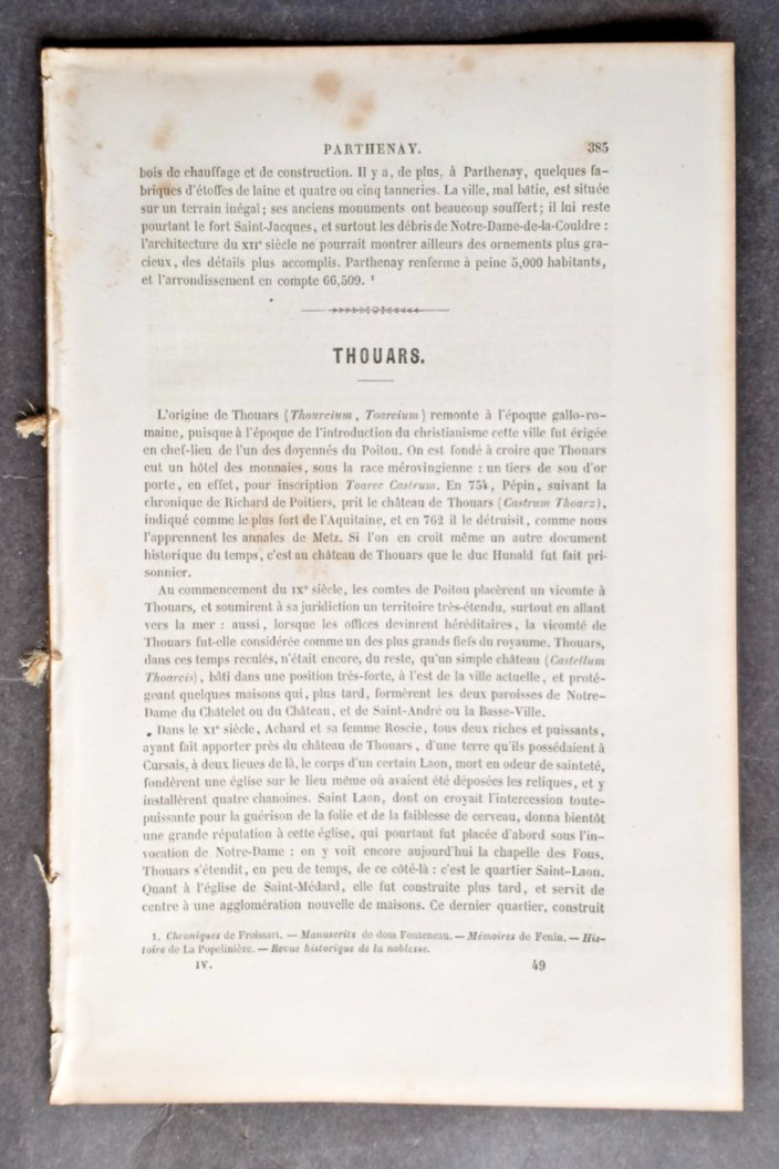 Antique History of Thouars, France, 9 pages, Guilbert, 1845, in French