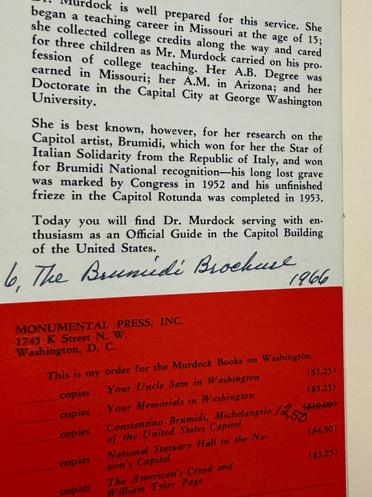 Signed Murdock National Statuary Hall 1955 + Capitol Ephemera Brumidi Letter